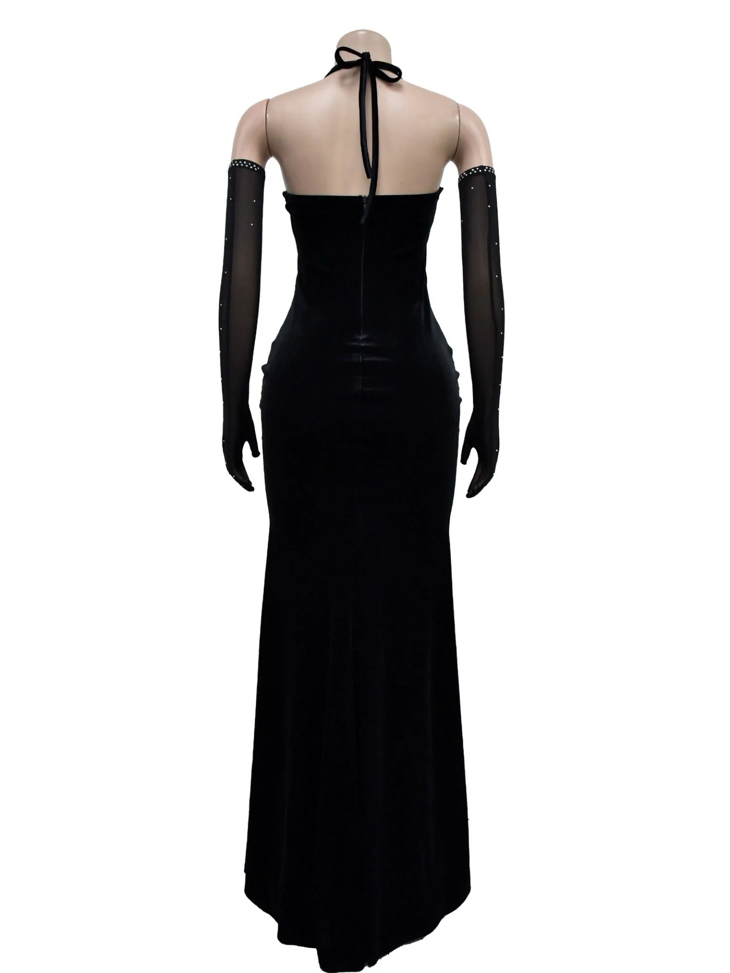 Lace And Velvet Patchwork Rhinestone-studded Evening Gown Mesh See-through Halter Neck Slit Maxi Dresses - Image 7