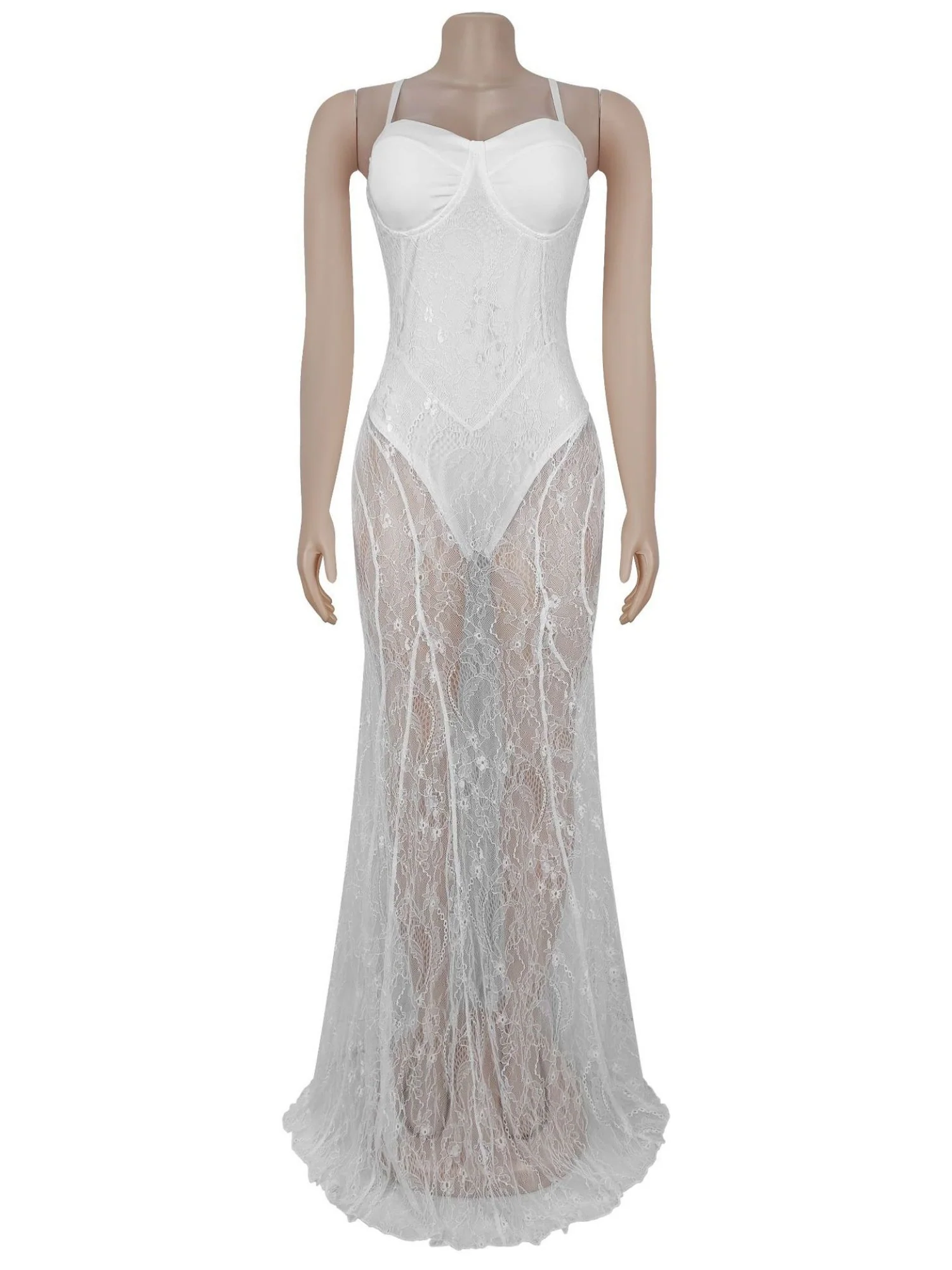 Lace Patchwork Evening Gown See-through Backless Camisoles Maxi Dresses - Image 13
