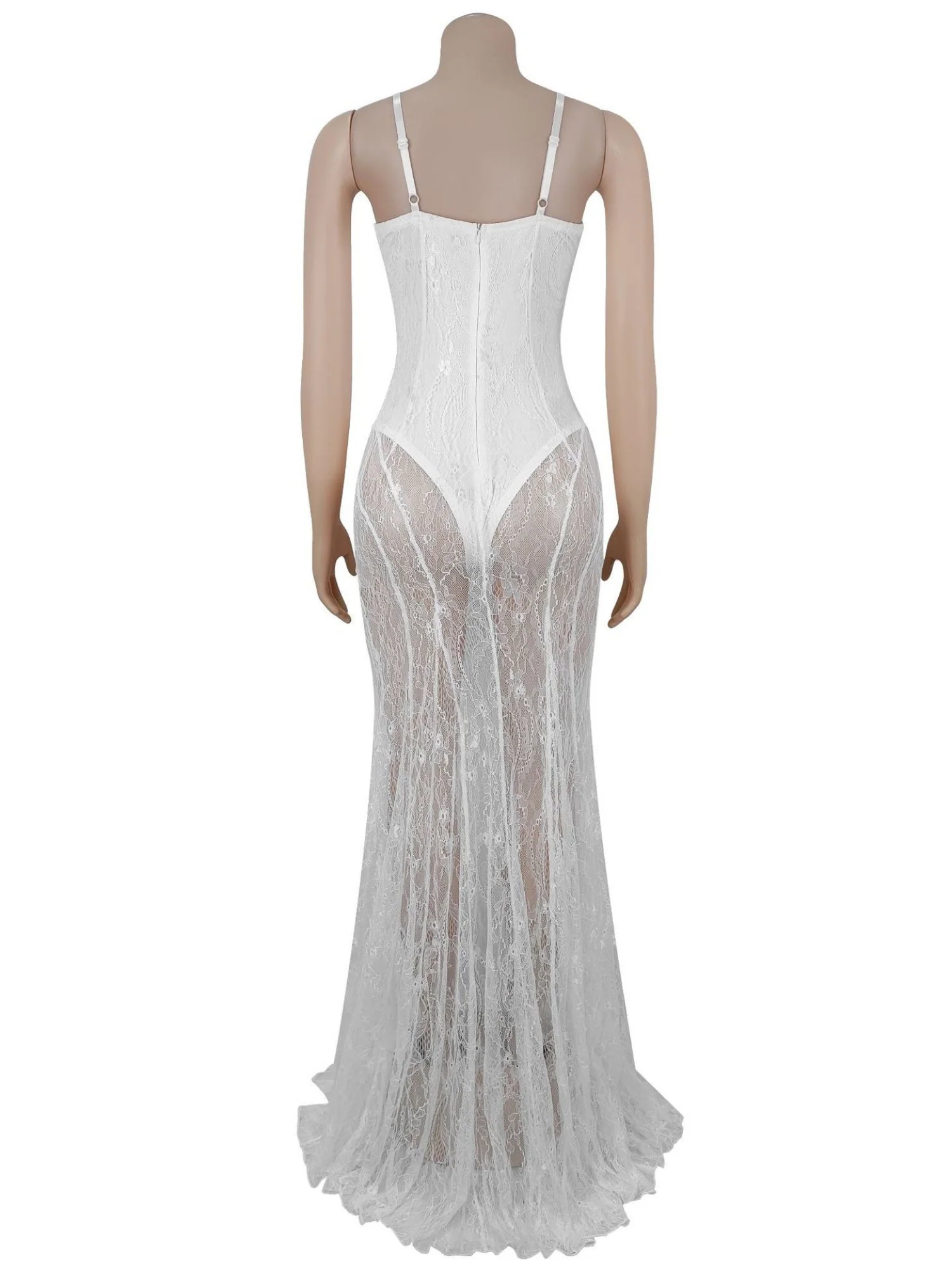 Lace Patchwork Evening Gown See-through Backless Camisoles Maxi Dresses - Image 14