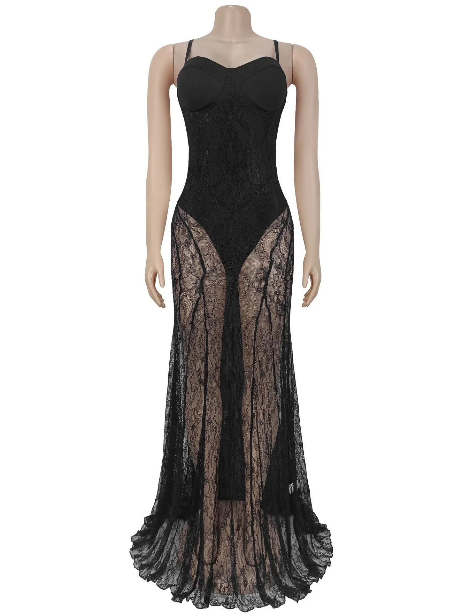 Lace Patchwork Evening Gown See-through Backless Camisoles Maxi Dresses - Image 3