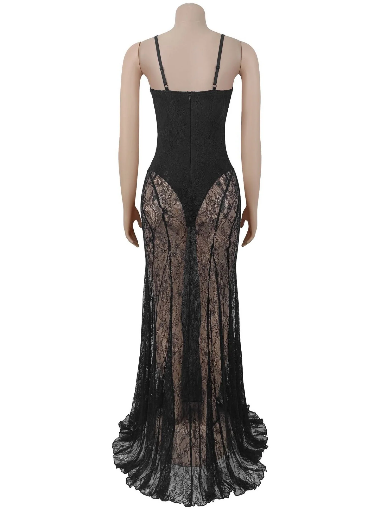 Lace Patchwork Evening Gown See-through Backless Camisoles Maxi Dresses - Image 4