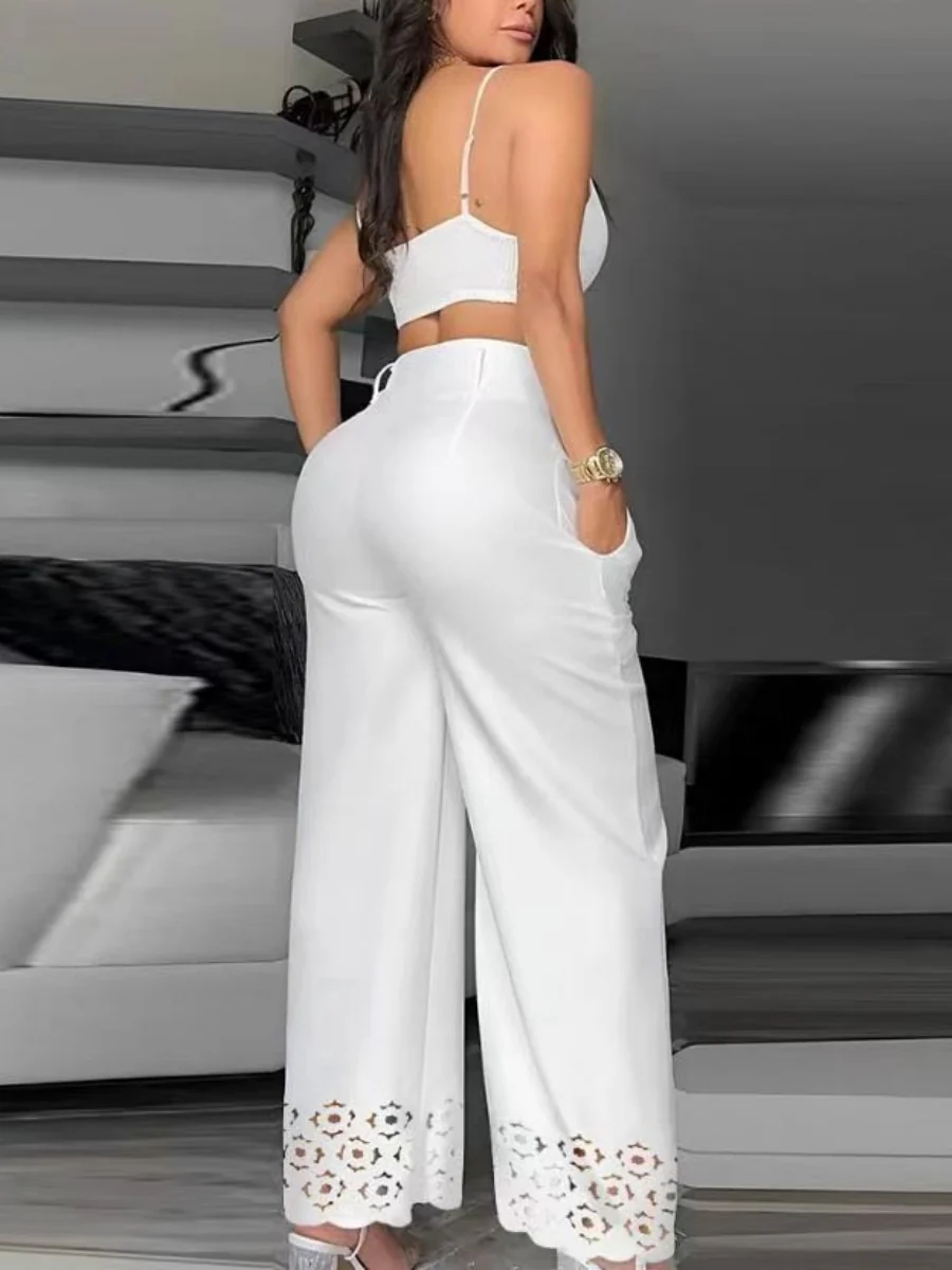 High Waist Hollow Straight-leg Pants Camisoles White Suit 2-piece Sets