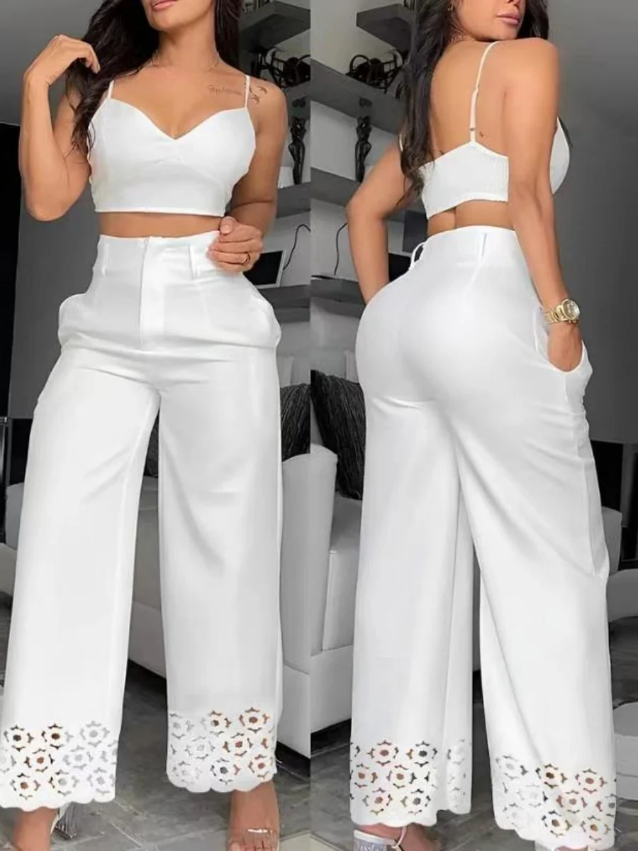 High Waist Hollow Straight-leg Pants Camisoles White Suit 2-piece Sets - Image 3