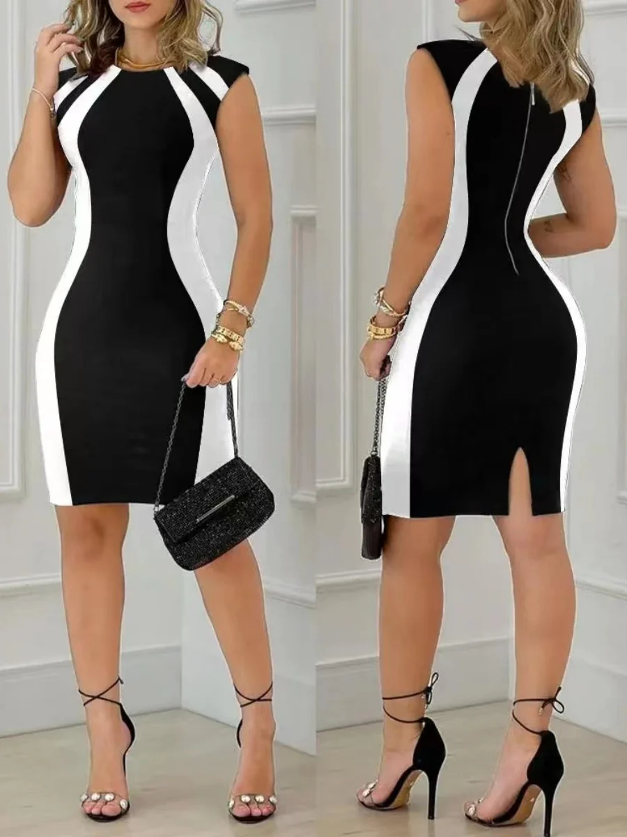 Black And White Splicing Color-blocked Hip-hugging Mini&Short Dresses - Image 3