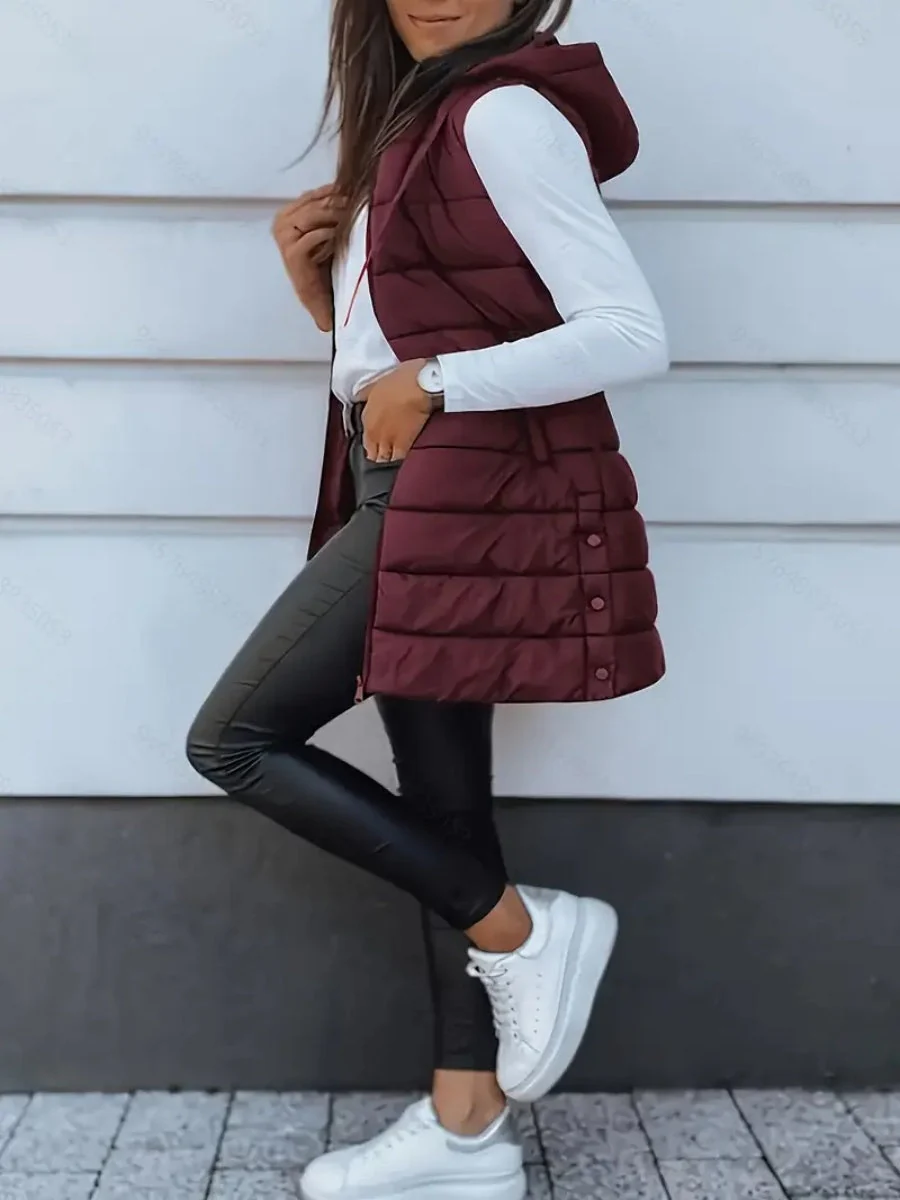 Mid-length Hooded Design Keep Warm Leisure Zipper Pocket Quilted Vest - Image 11