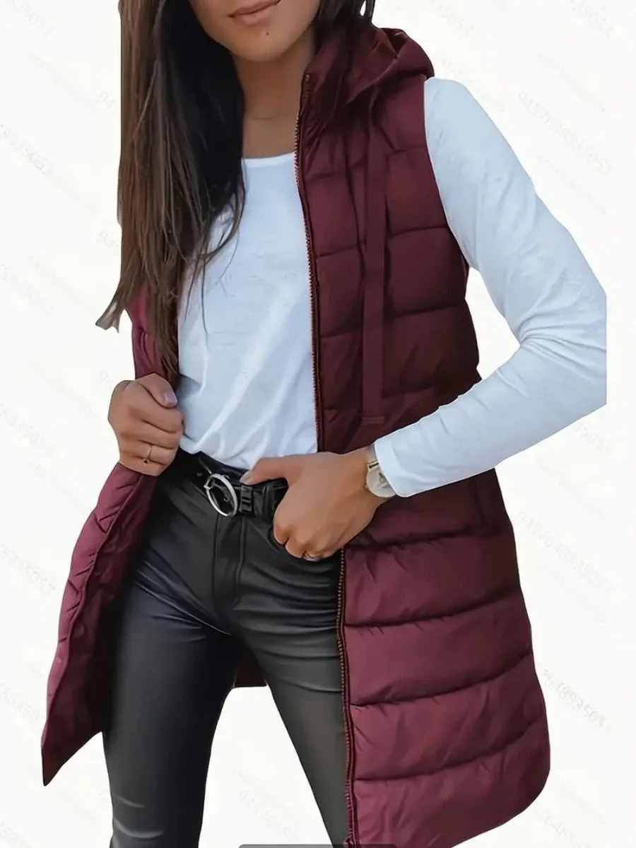 Mid-length Hooded Design Keep Warm Leisure Zipper Pocket Quilted Vest - Image 12