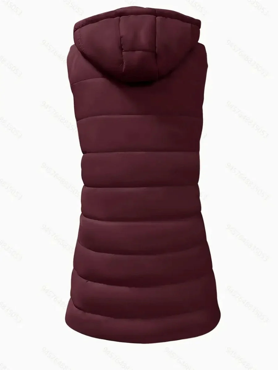 Mid-length Hooded Design Keep Warm Leisure Zipper Pocket Quilted Vest - Image 13