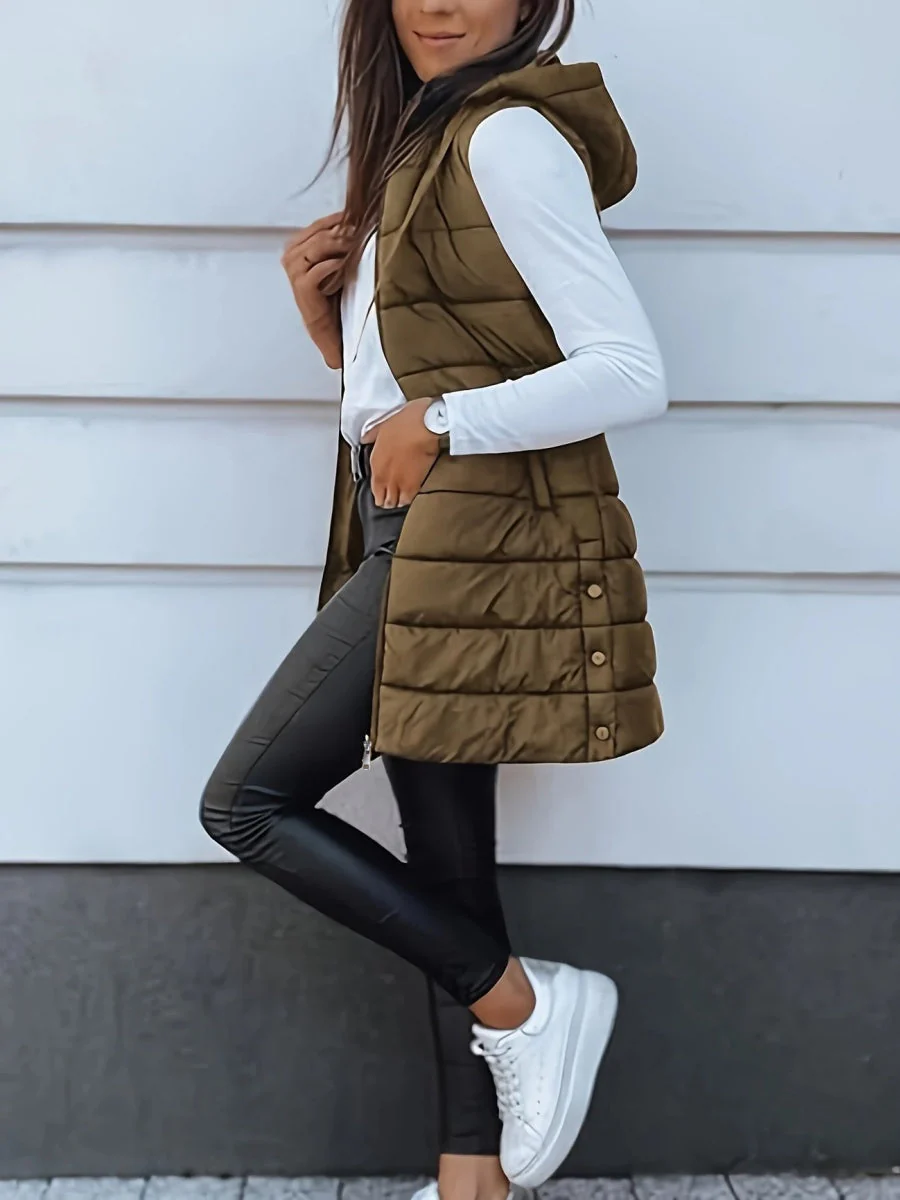 Mid-length Hooded Design Keep Warm Leisure Zipper Pocket Quilted Vest - Image 3