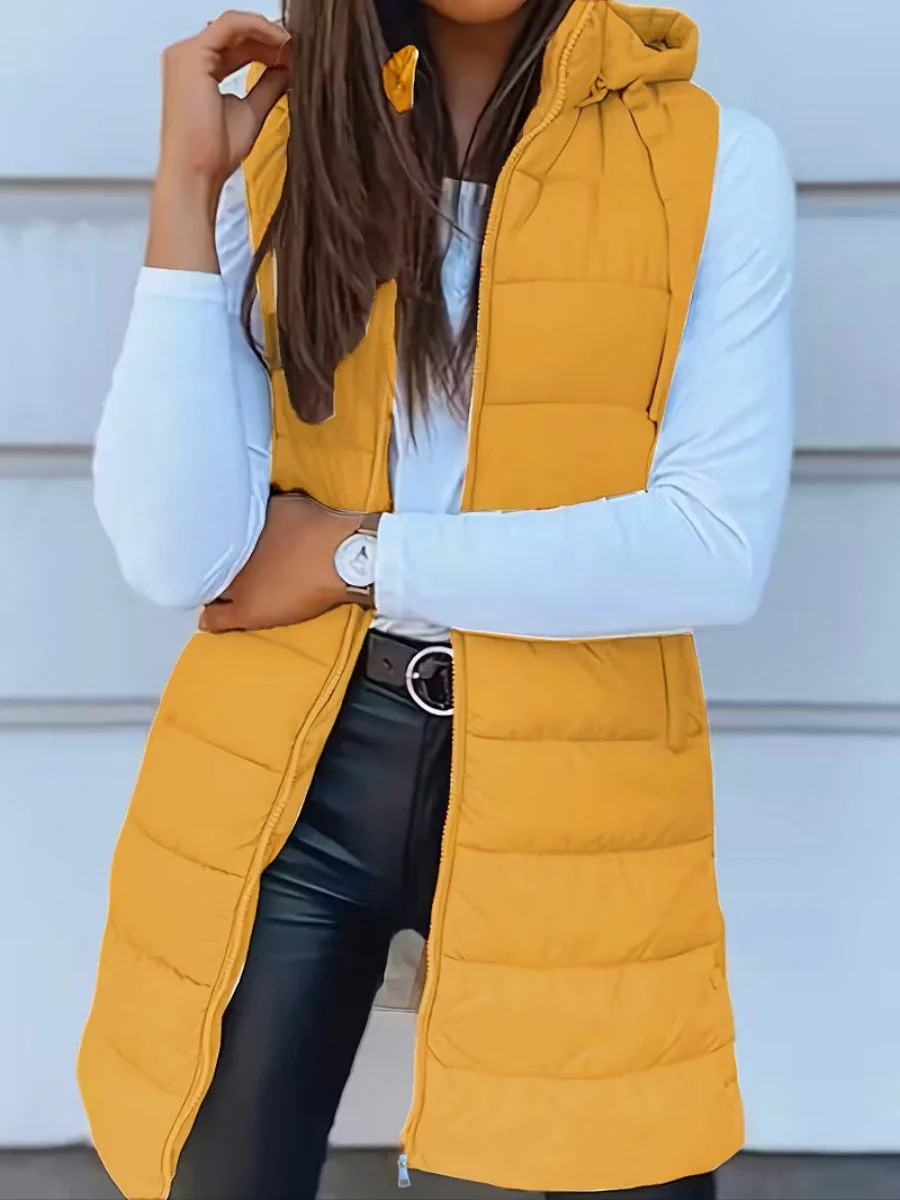 Mid-length Hooded Design Keep Warm Leisure Zipper Pocket Quilted Vest - Image 5