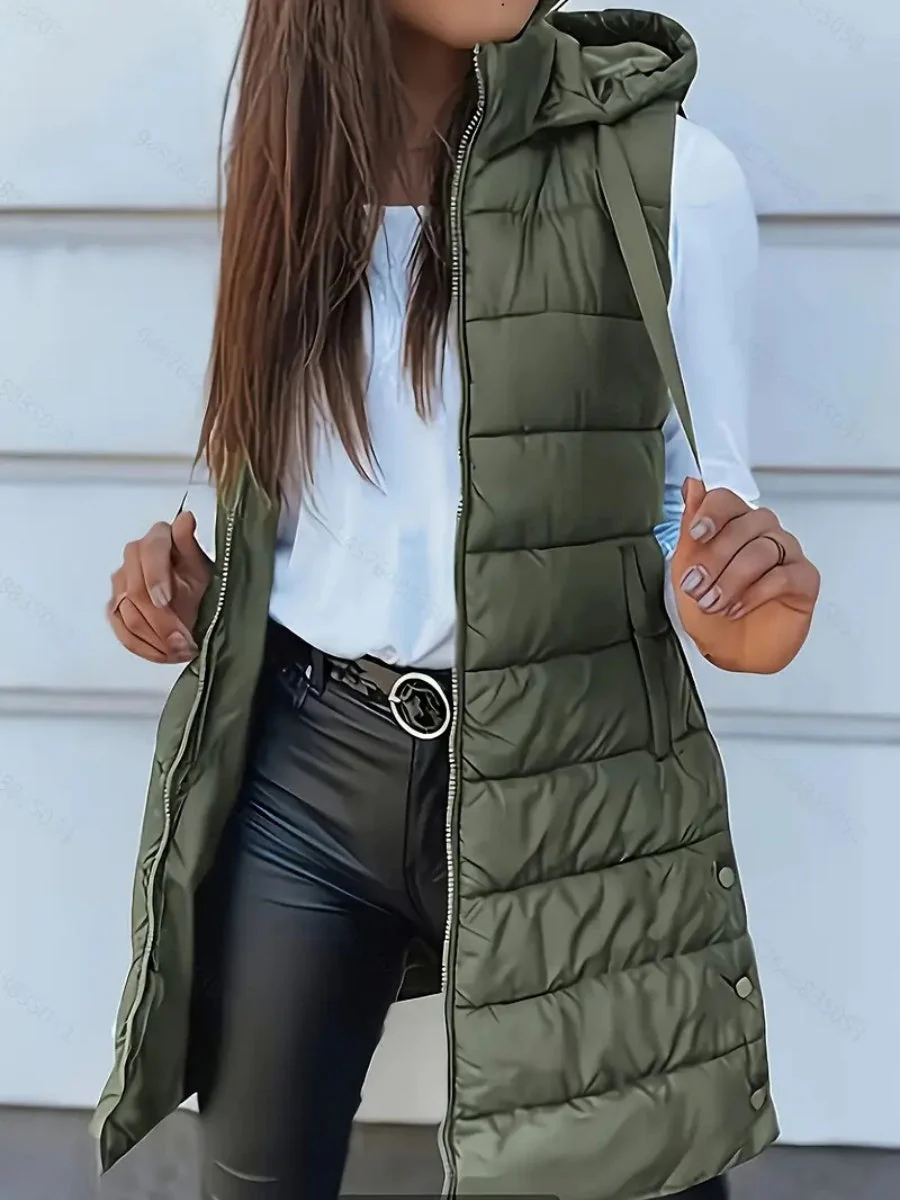Mid-length Hooded Design Keep Warm Leisure Zipper Pocket Quilted Vest - Image 7