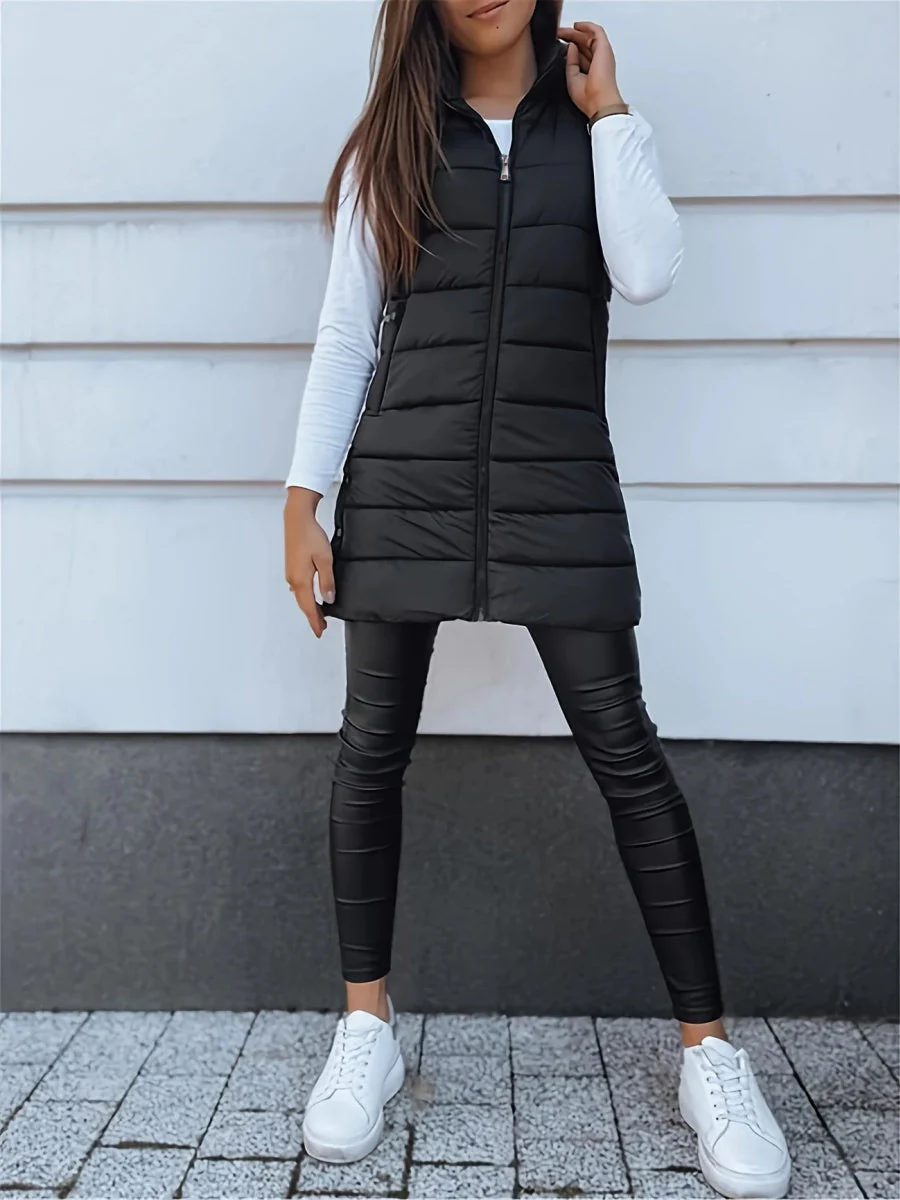 Mid-length Hooded Design Keep Warm Leisure Zipper Pocket Quilted Vest - Image 8