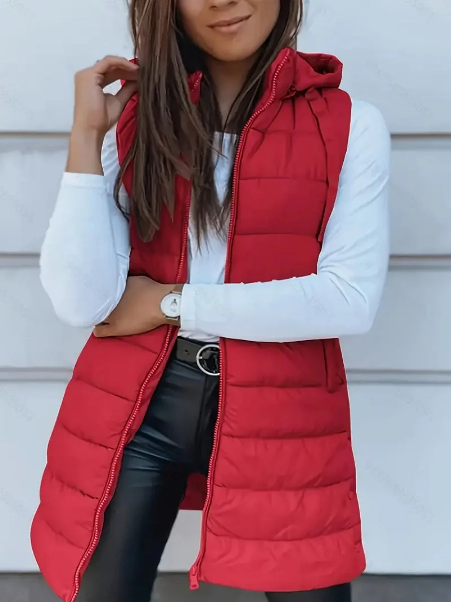 Mid-length Hooded Design Keep Warm Leisure Zipper Pocket Quilted Vest - Image 9