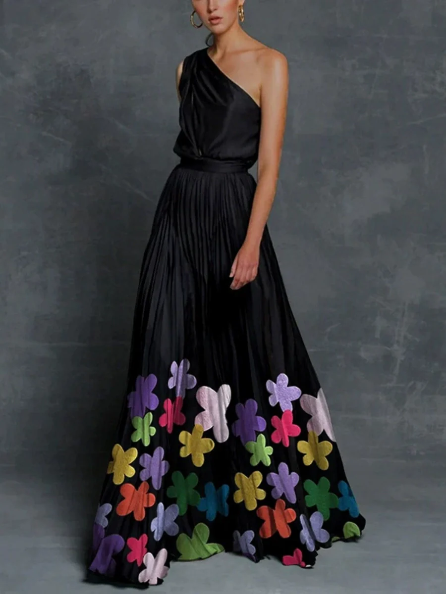 Printed Loose-fit One-shoulder Long Dress