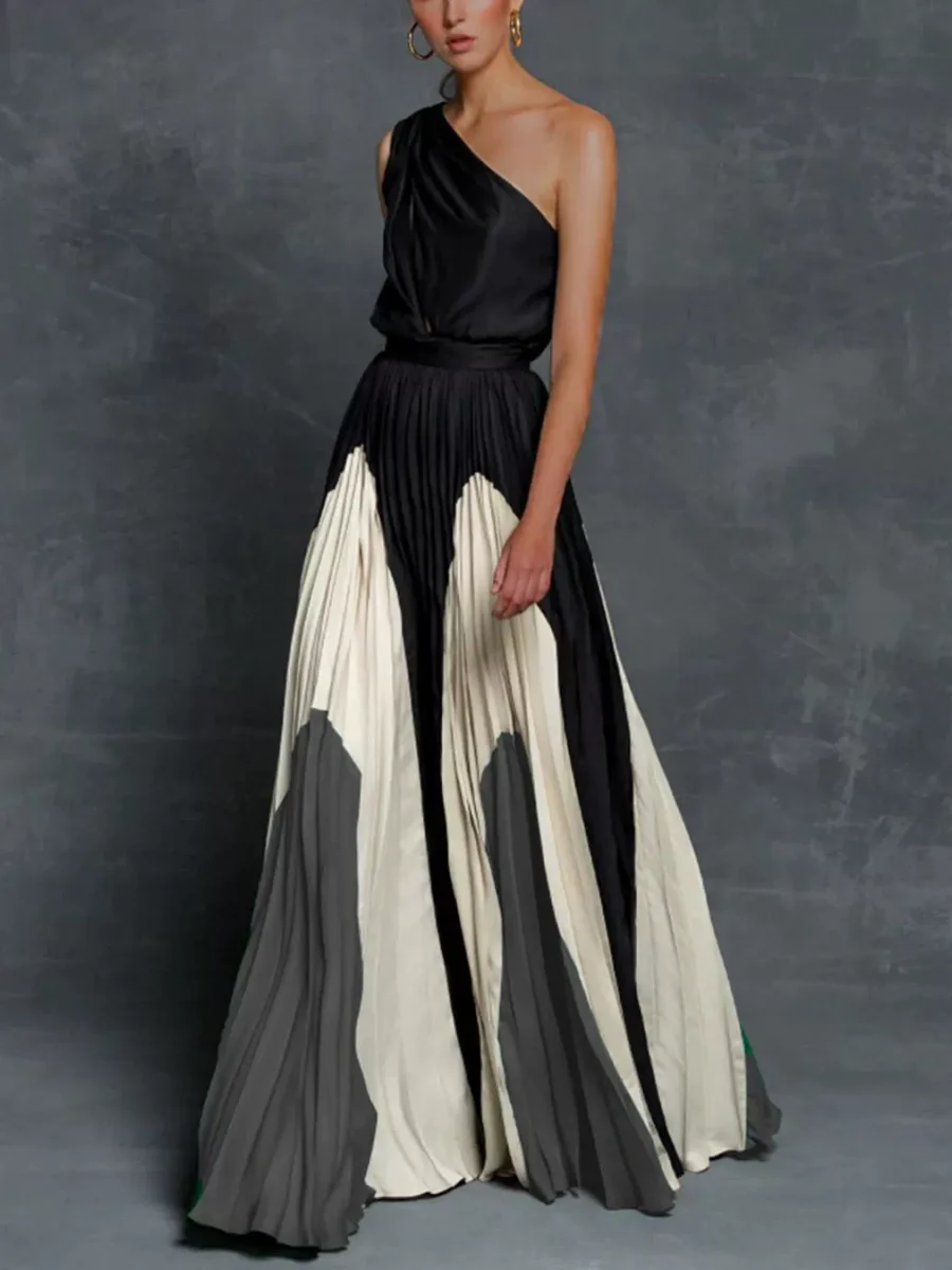 Printed Loose-fit One-shoulder Long Dress - Image 2