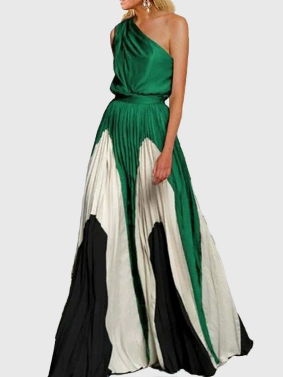 Printed Loose-fit One-shoulder Long Dress - Image 3