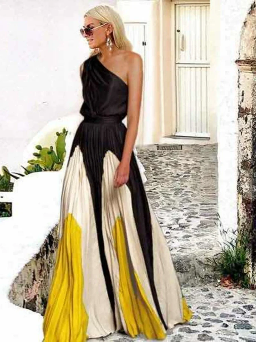 Printed Loose-fit One-shoulder Long Dress - Image 5