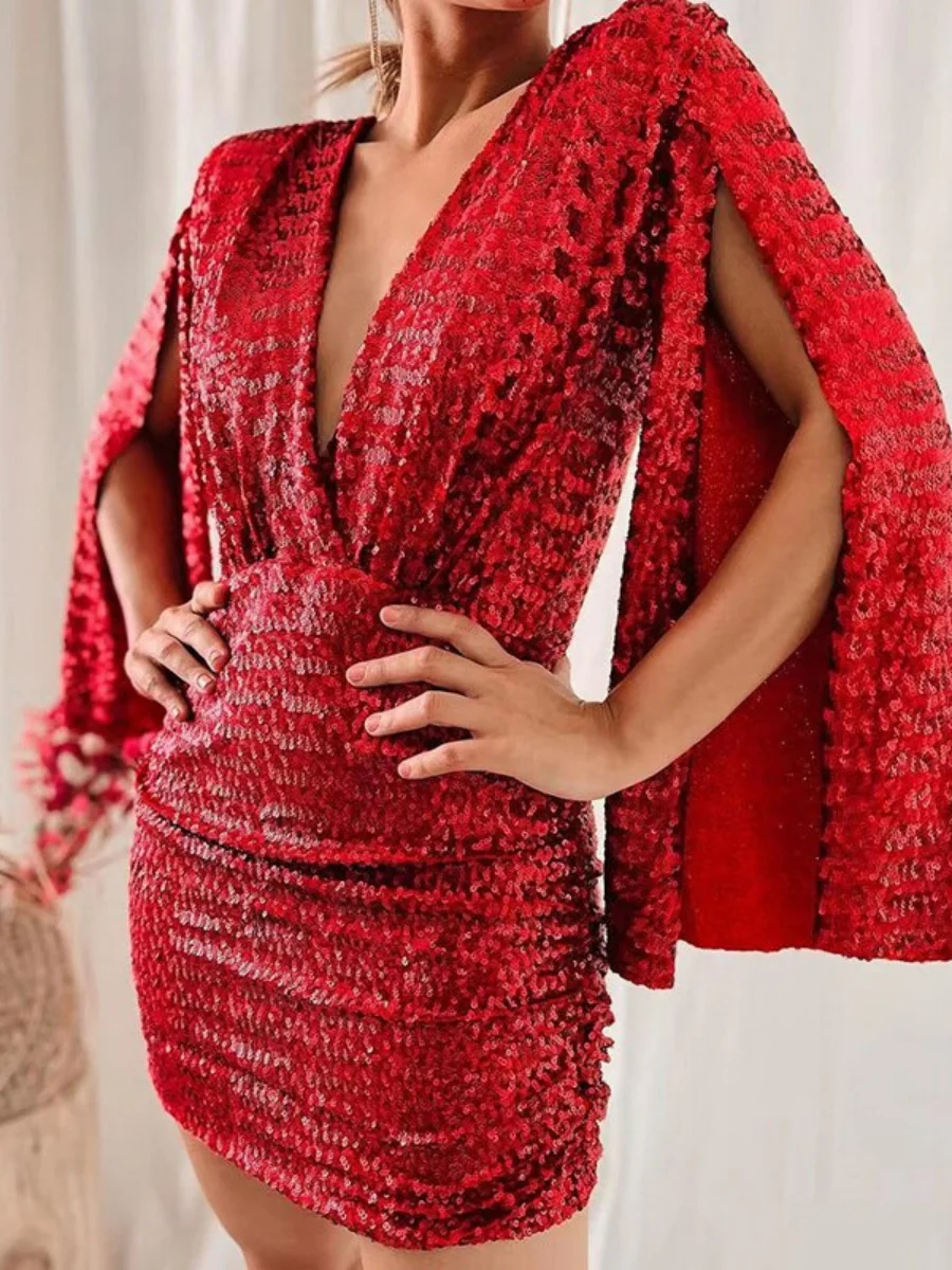 V-neck Hip-hugging Irregular Sequins Cloak Parties Mini&Short Dresses - Image 3