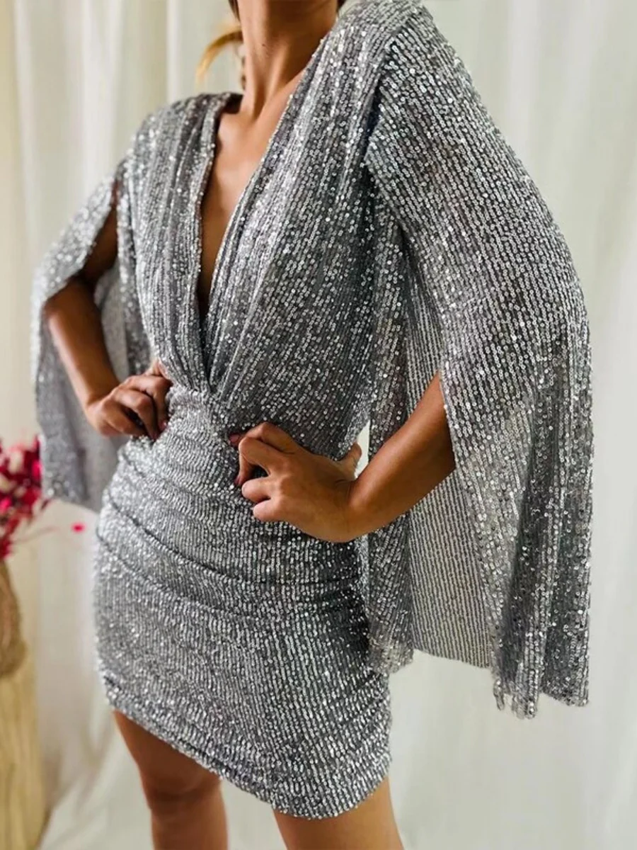 V-neck Hip-hugging Irregular Sequins Cloak Parties Mini&Short Dresses - Image 5