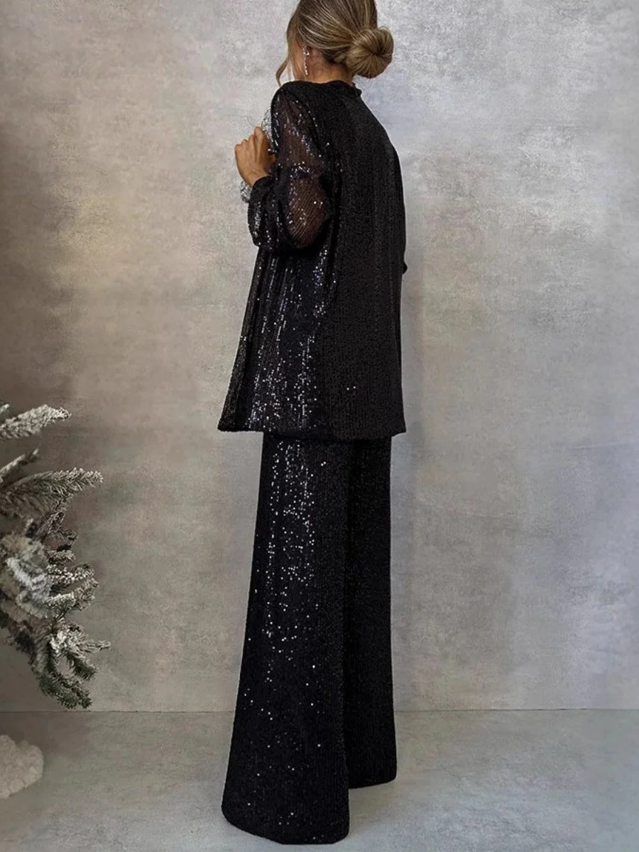Sequins Small Suit High Waist Casual Straight Leg Pants 2-piece Sets - Image 2