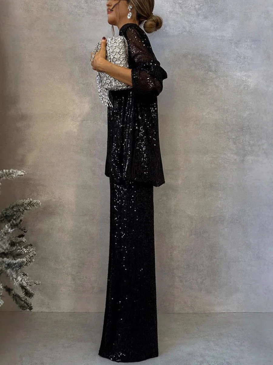 Sequins Small Suit High Waist Casual Straight Leg Pants 2-piece Sets - Image 3