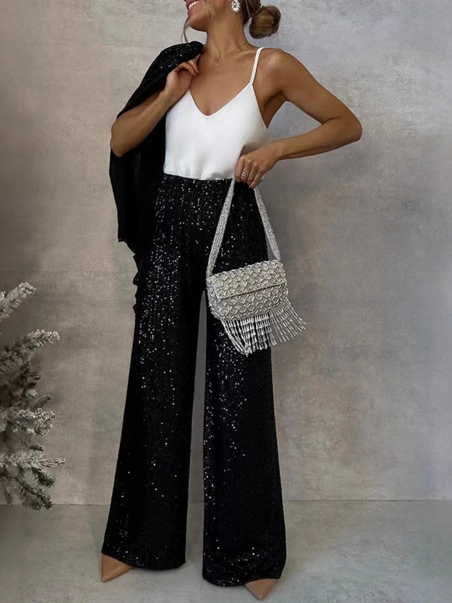 Sequins Small Suit High Waist Casual Straight Leg Pants 2-piece Sets - Image 4