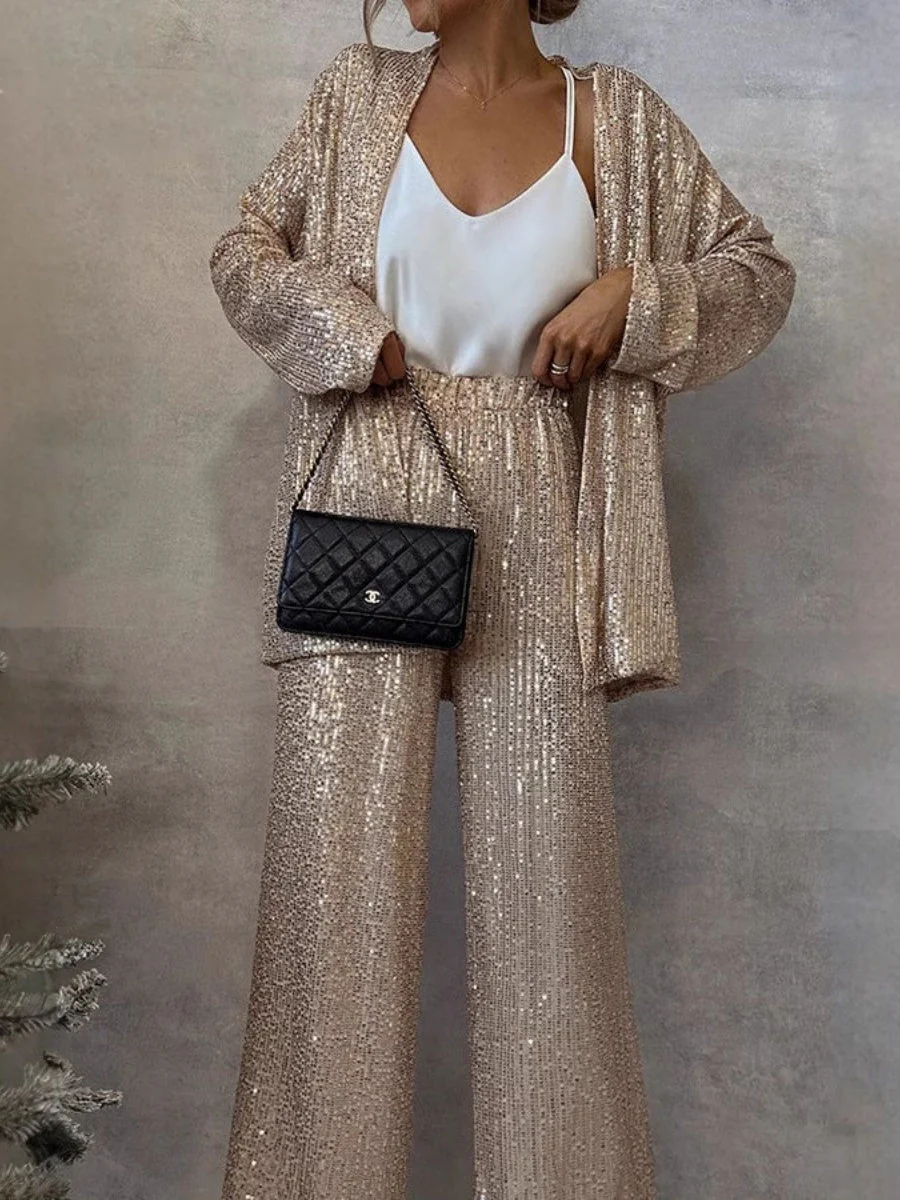 Sequins Small Suit High Waist Casual Straight Leg Pants 2-piece Sets - Image 6