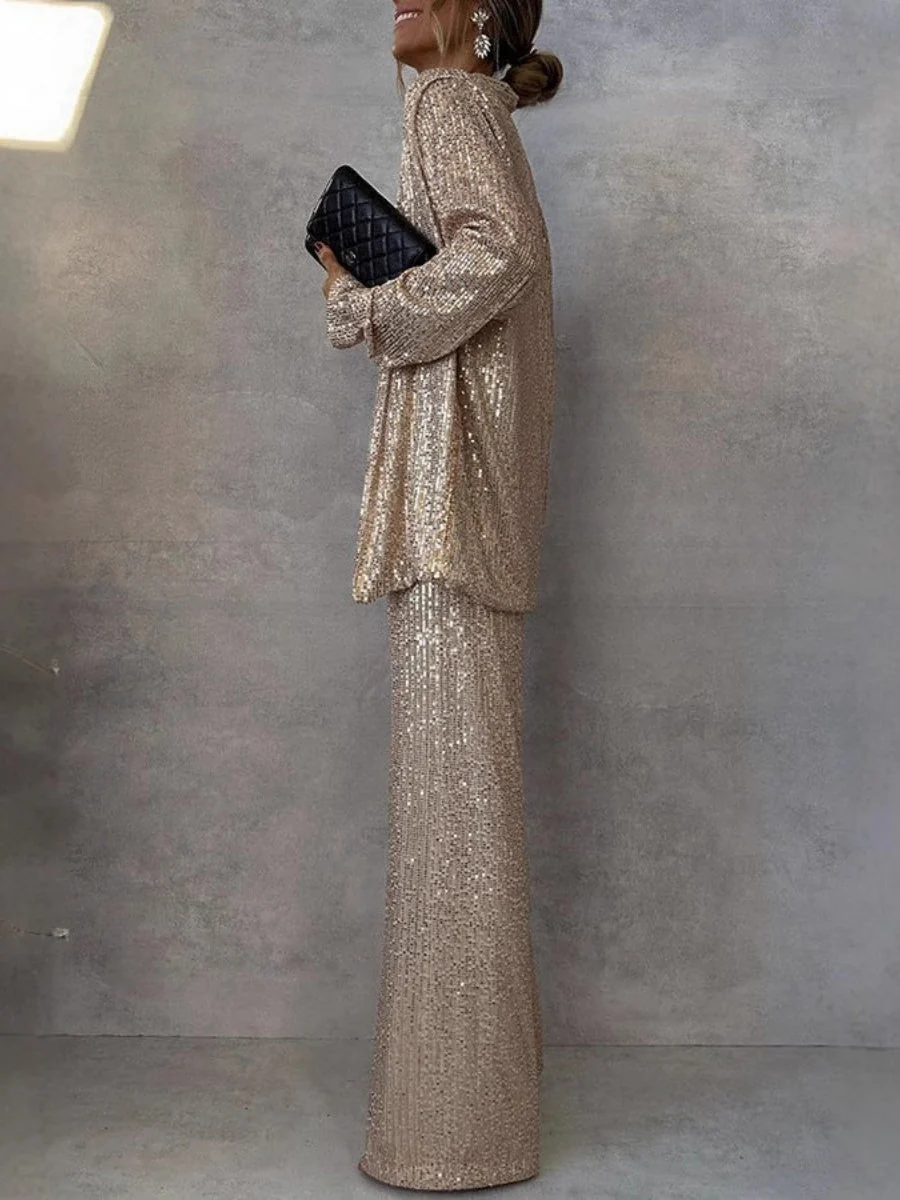 Sequins Small Suit High Waist Casual Straight Leg Pants 2-piece Sets - Image 7