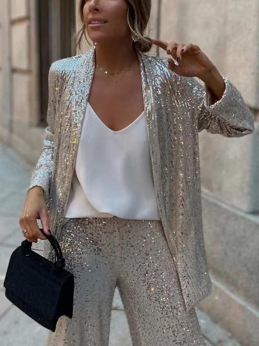 Sequins Small Suit High Waist Casual Straight Leg Pants 2-piece Sets - Image 9