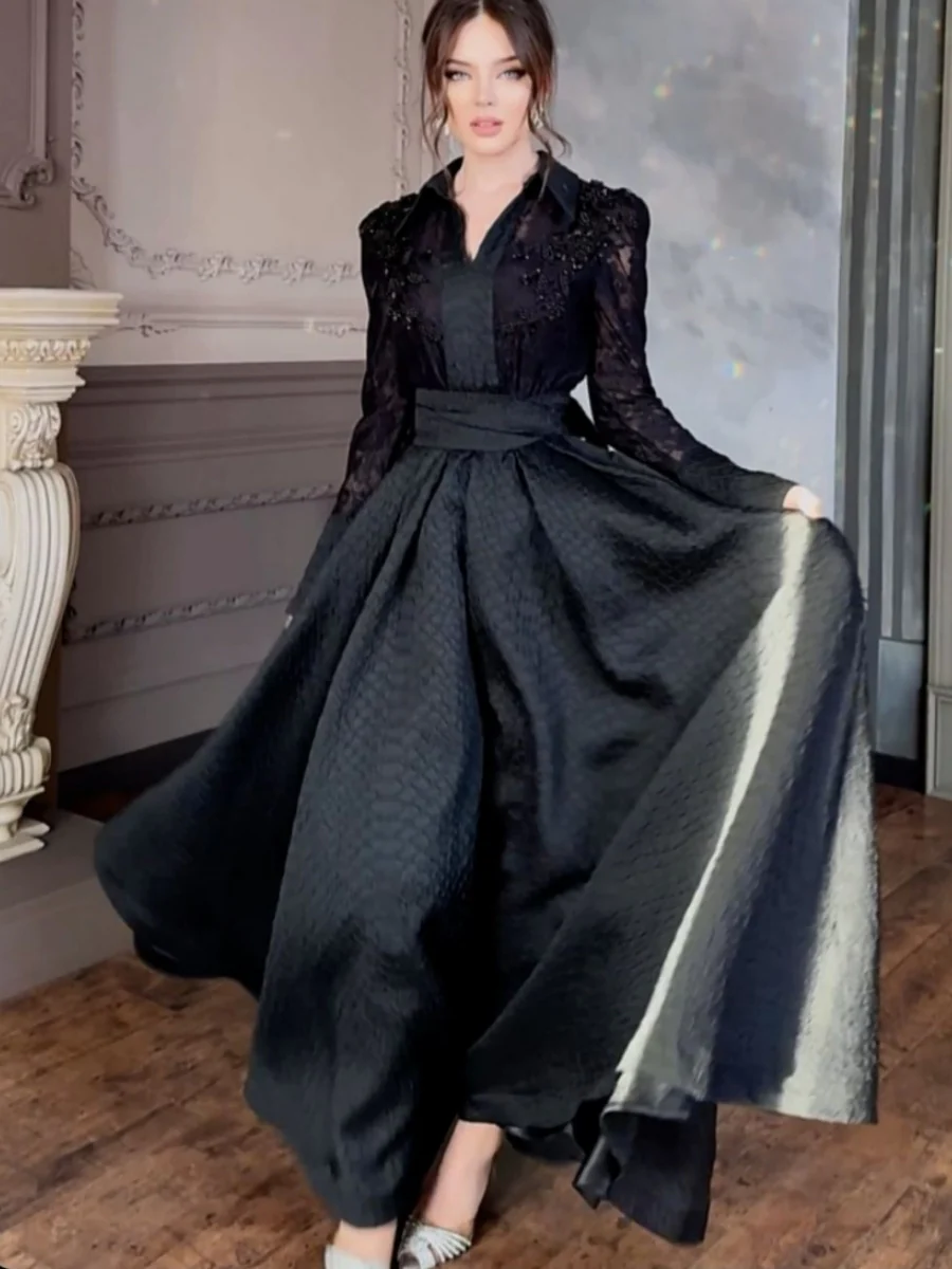 Beaded Flowers Lace Long Sleeve Formal Maxi Dresses - Image 2