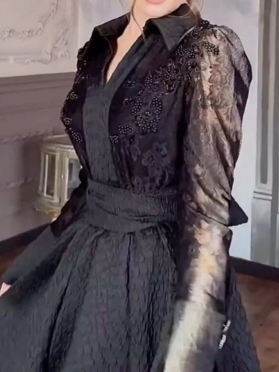 Beaded Flowers Lace Long Sleeve Formal Maxi Dresses - Image 3
