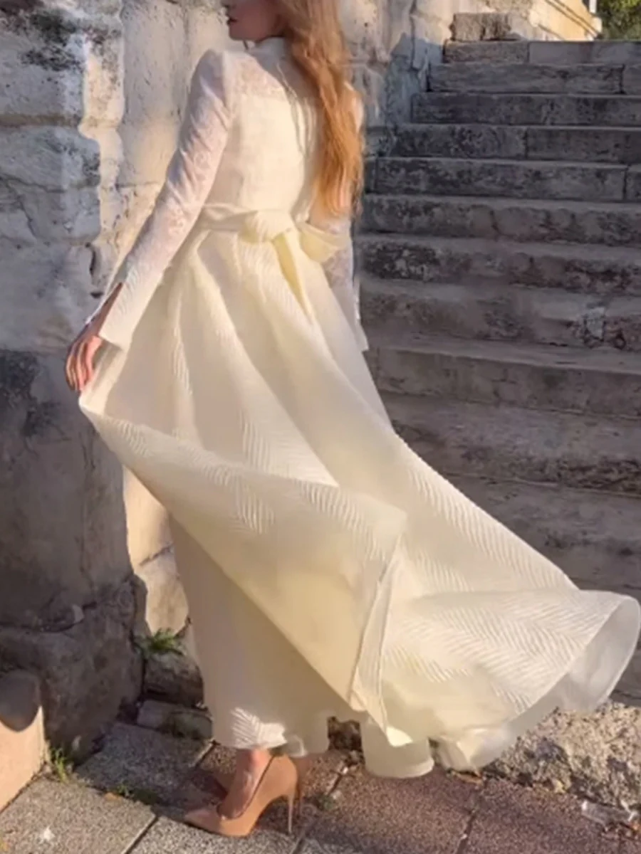 Beaded Flowers Lace Long Sleeve Formal Maxi Dresses - Image 5