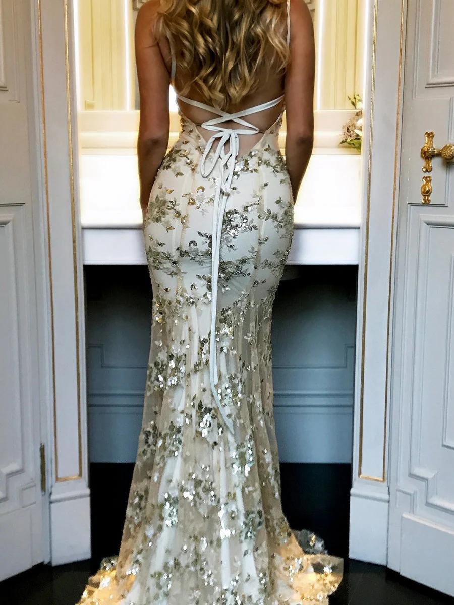 Camisoles V-neck Backless Sequins Lace Up Formal Dress Dinner Maxi Dresses - Image 10