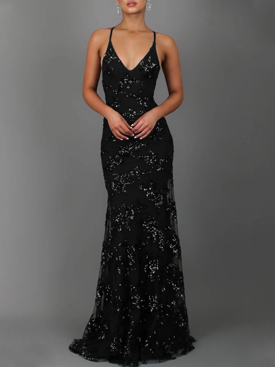 Camisoles V-neck Backless Sequins Lace Up Formal Dress Dinner Maxi Dresses - Image 11