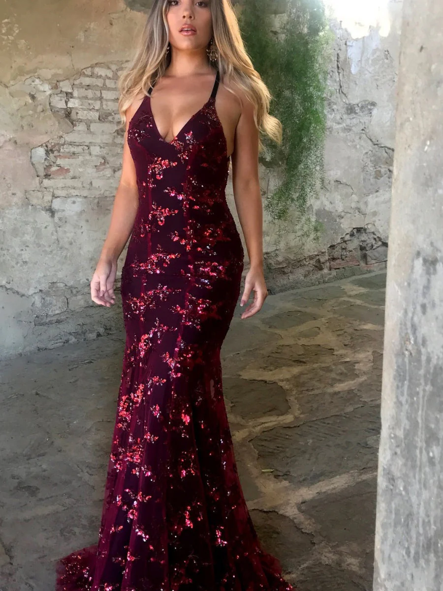 Camisoles V-neck Backless Sequins Lace Up Formal Dress Dinner Maxi Dresses - Image 3