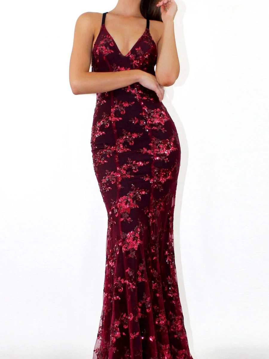 Camisoles V-neck Backless Sequins Lace Up Formal Dress Dinner Maxi Dresses - Image 5