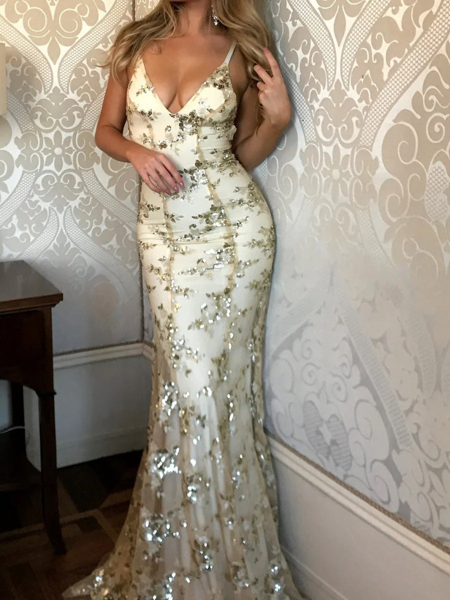 Camisoles V-neck Backless Sequins Lace Up Formal Dress Dinner Maxi Dresses - Image 9
