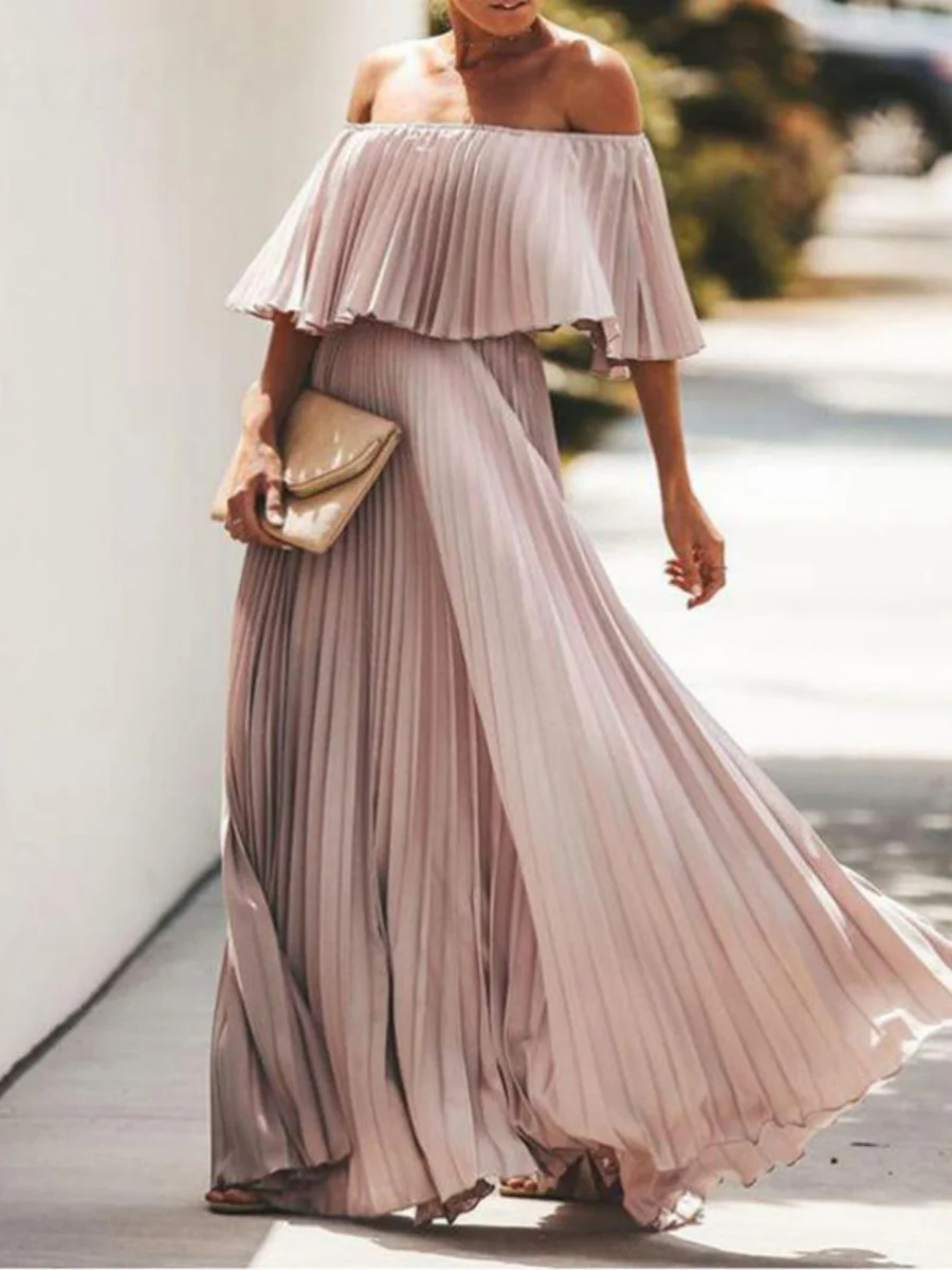 Tube Top Off Shoulder Chiffon Crimp Maxi Dress