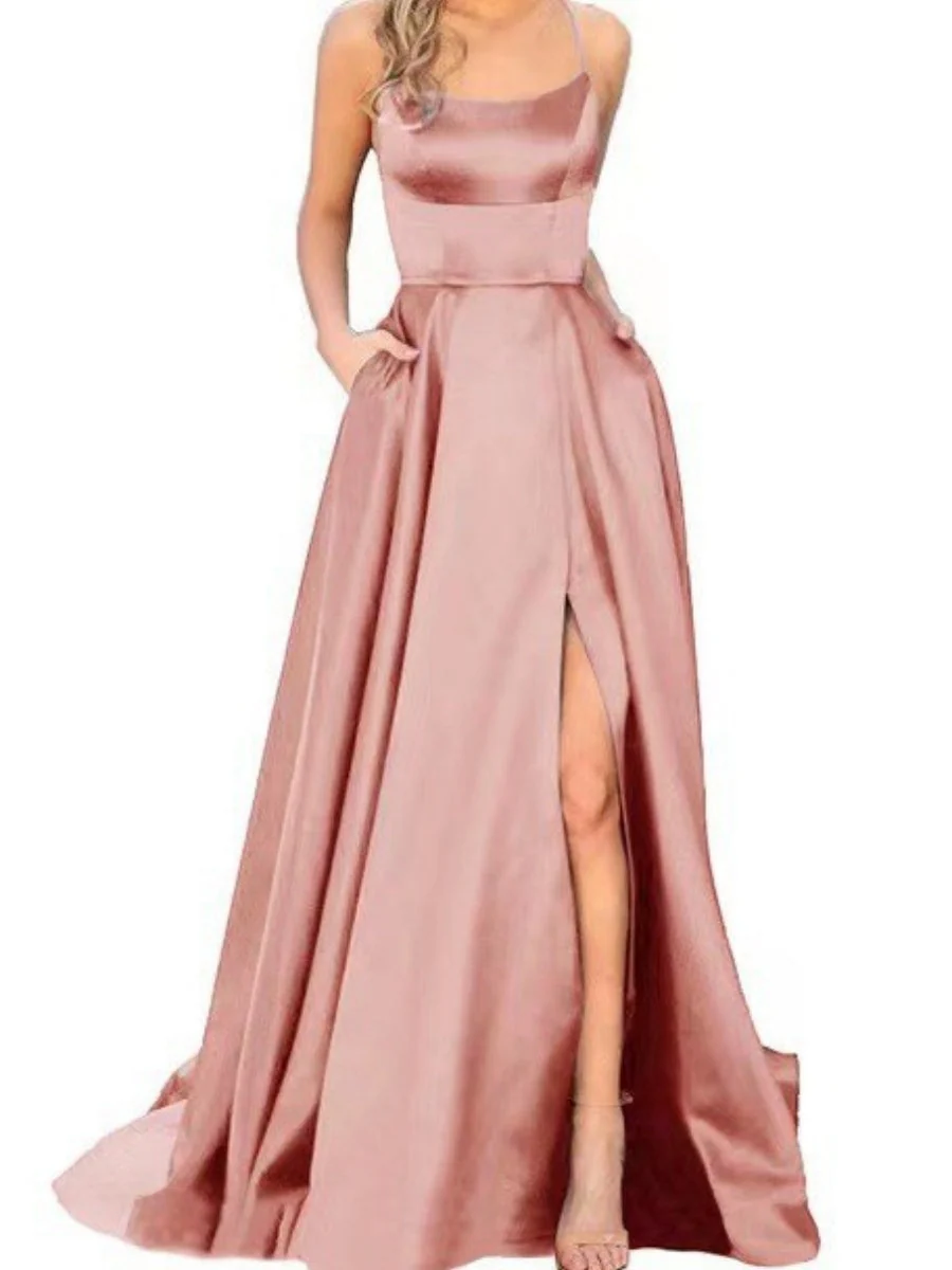 Backless Bandage Satin High Slit Bridesmaid Dresses Cocktail Party Maxi Dresses - Image 8