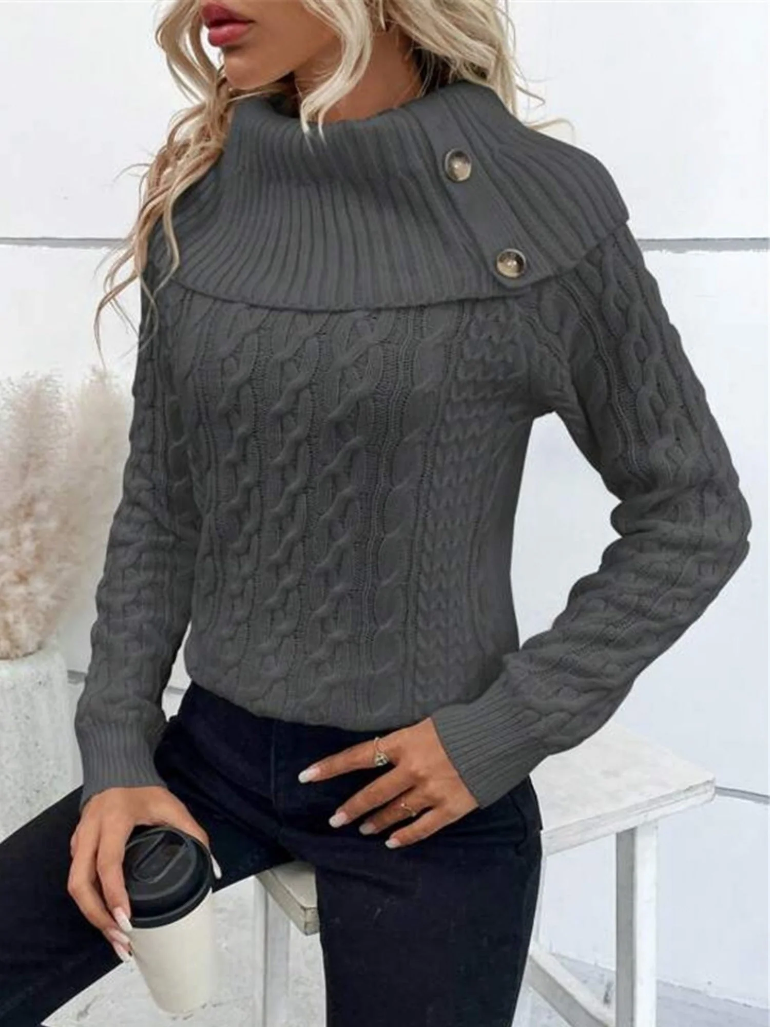 Turtleneck Buttons Raglan Sleeves Sweaters - Image 4