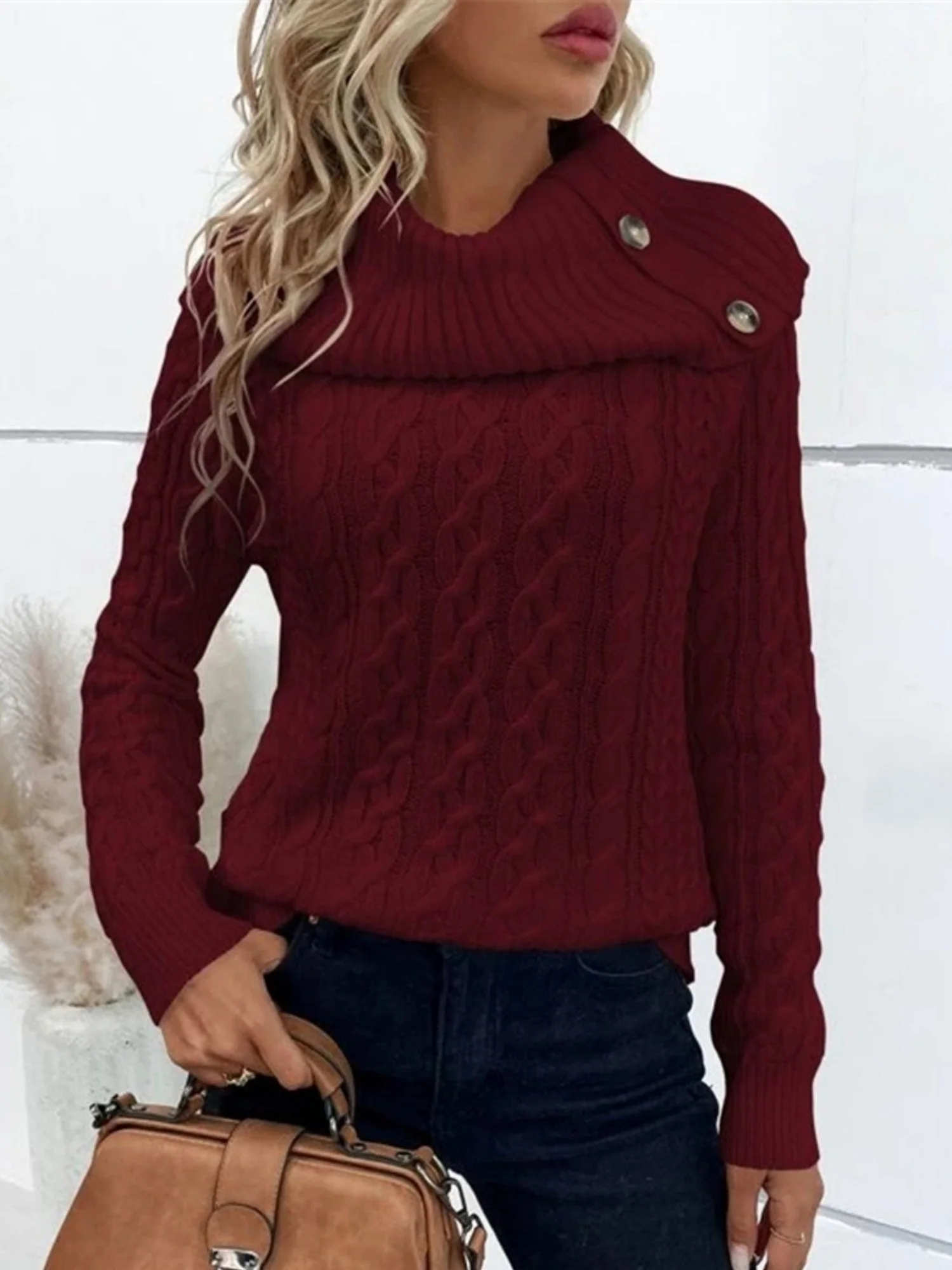 Turtleneck Buttons Raglan Sleeves Sweaters - Image 5
