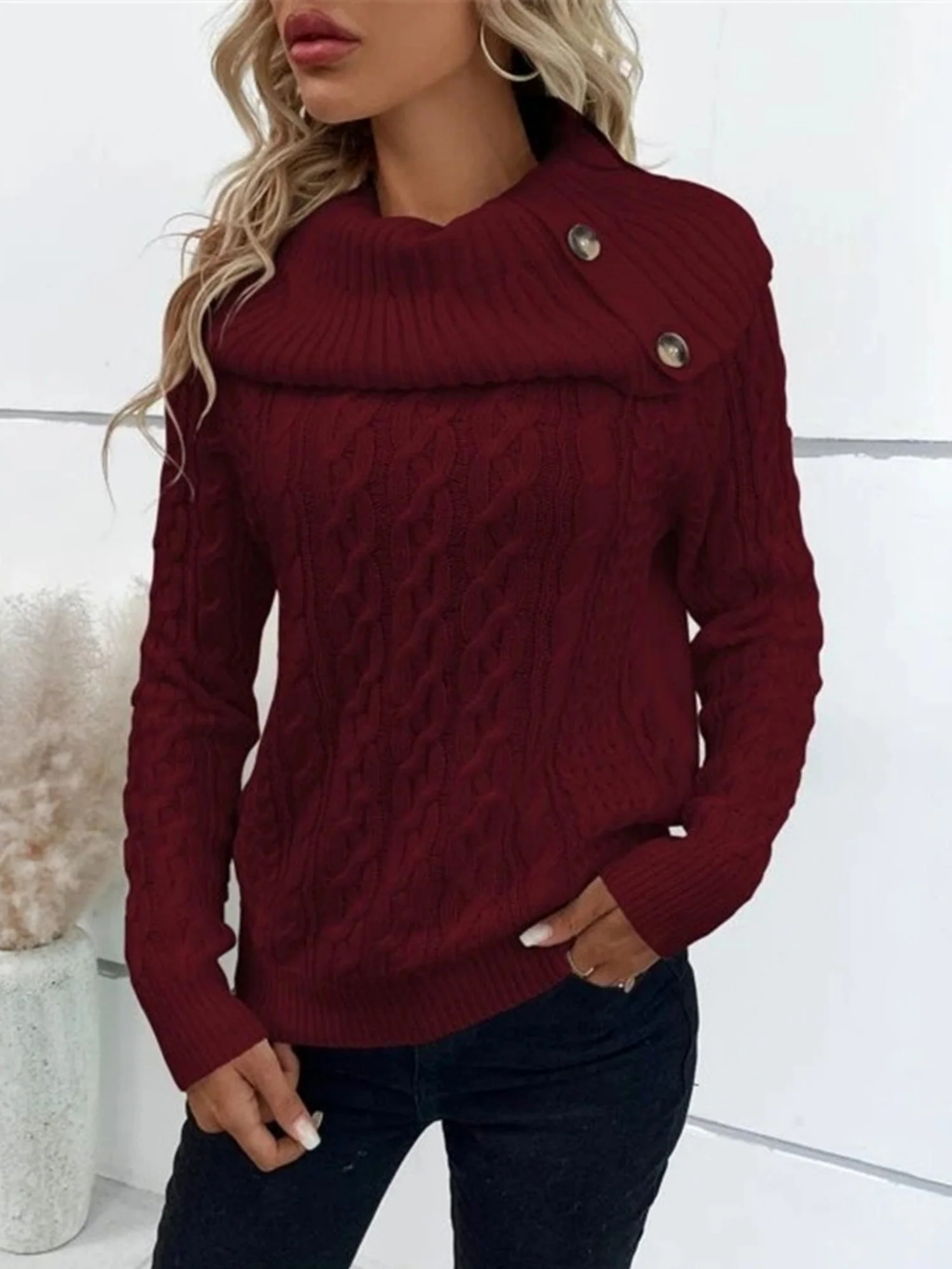 Turtleneck Buttons Raglan Sleeves Sweaters - Image 7