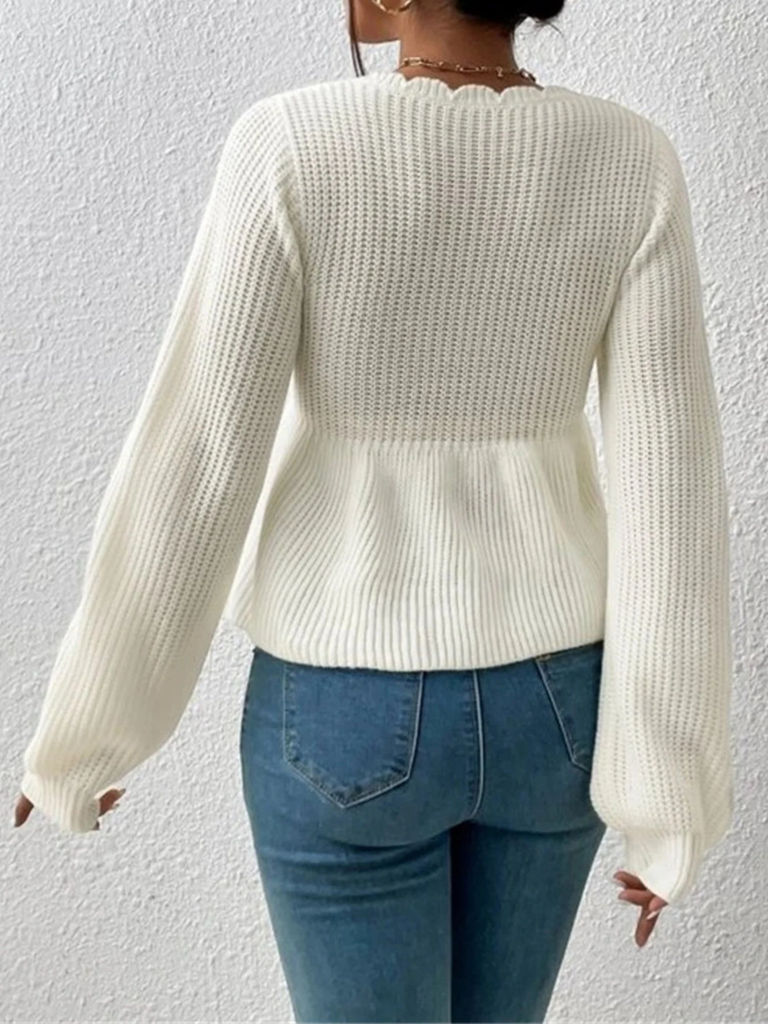 V-neck Drawstring Ruffled Skirt Knitted Pullover Sweater - Image 2