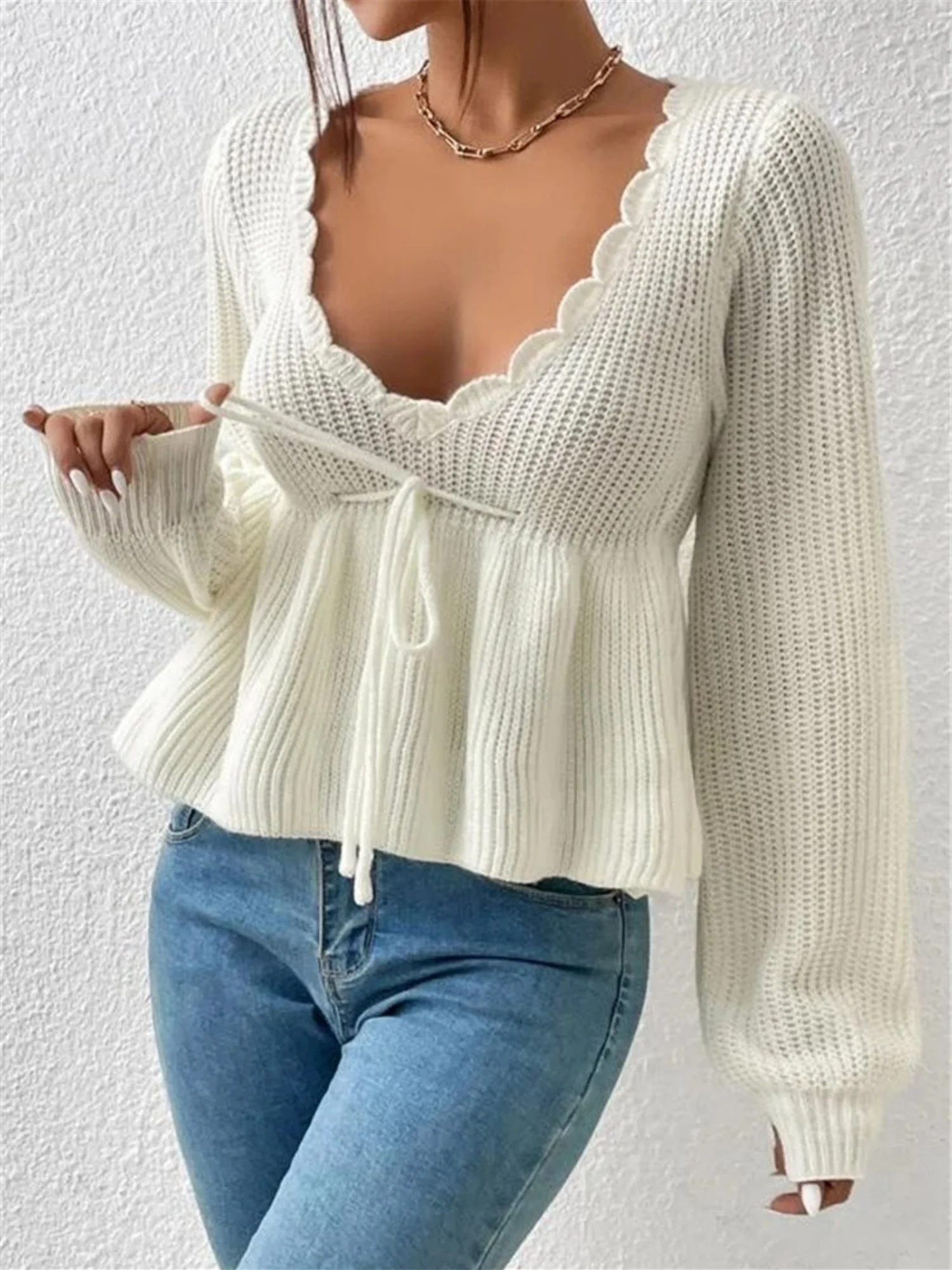 V-neck Drawstring Ruffled Skirt Knitted Pullover Sweater - Image 3