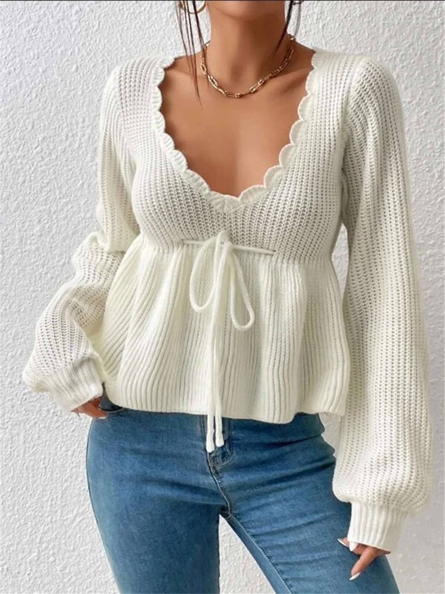 V-neck Drawstring Ruffled Skirt Knitted Pullover Sweater - Image 4