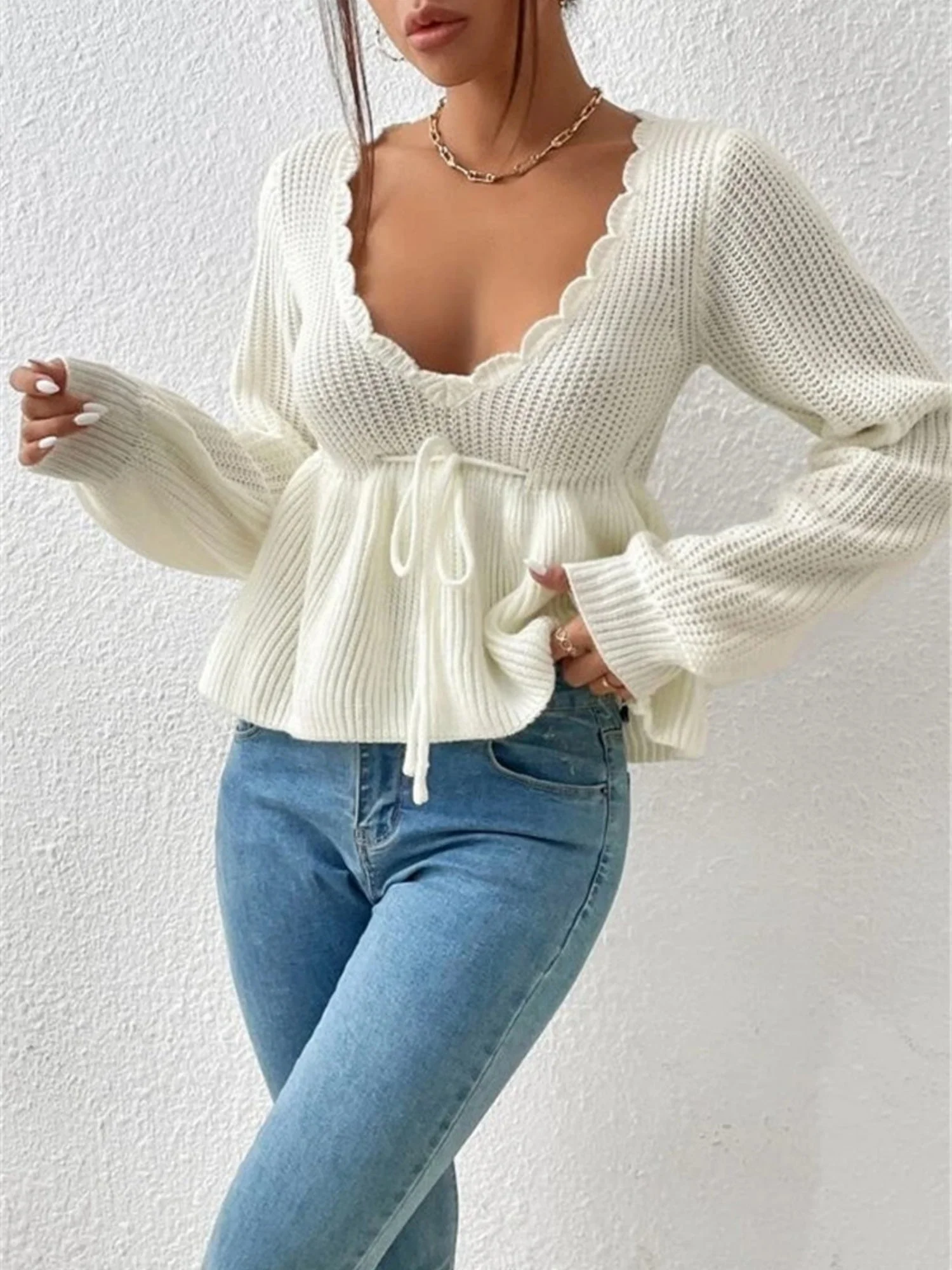 V-neck Drawstring Ruffled Skirt Knitted Pullover Sweater - Image 5