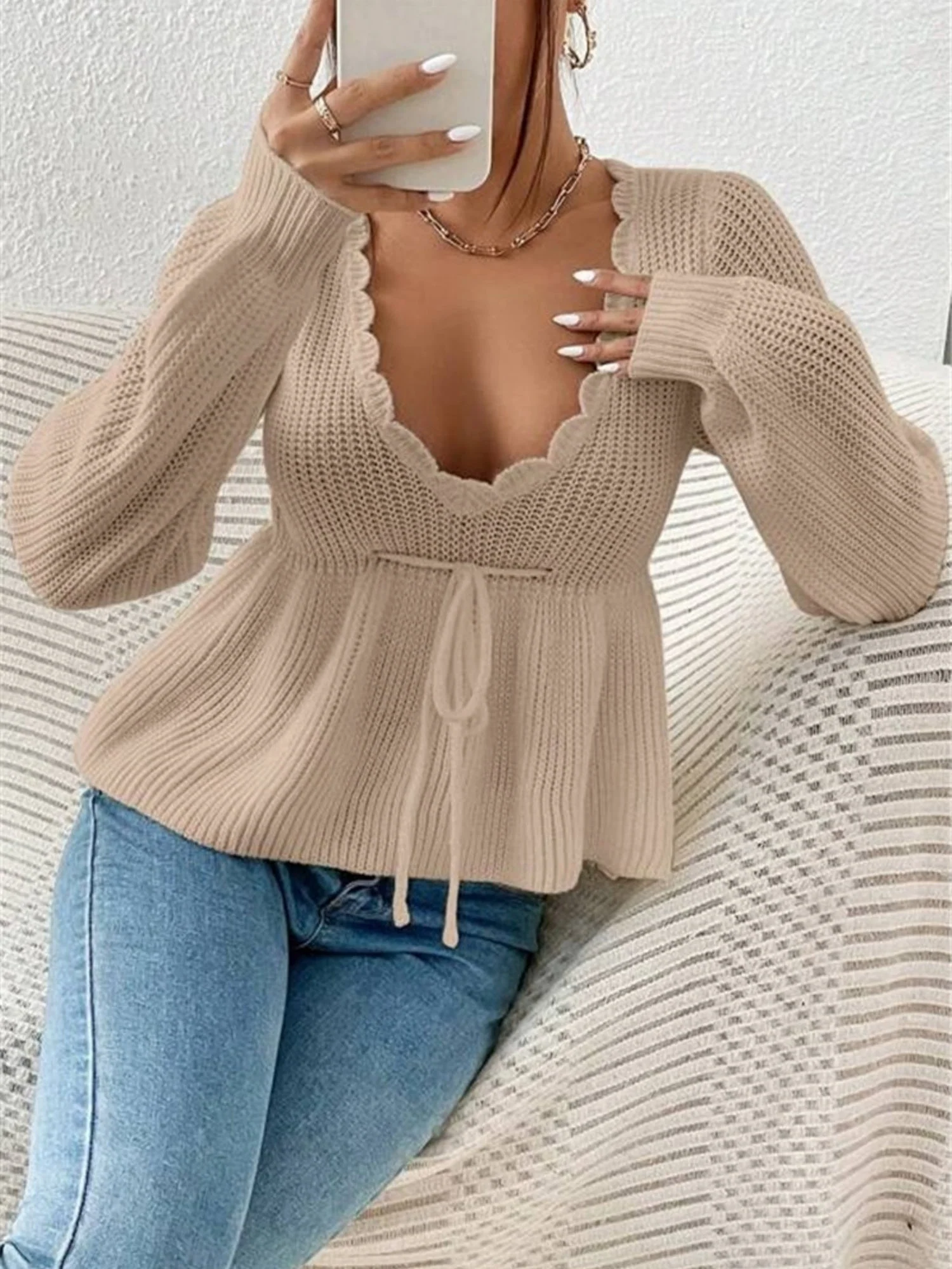 V-neck Drawstring Ruffled Skirt Knitted Pullover Sweater - Image 6