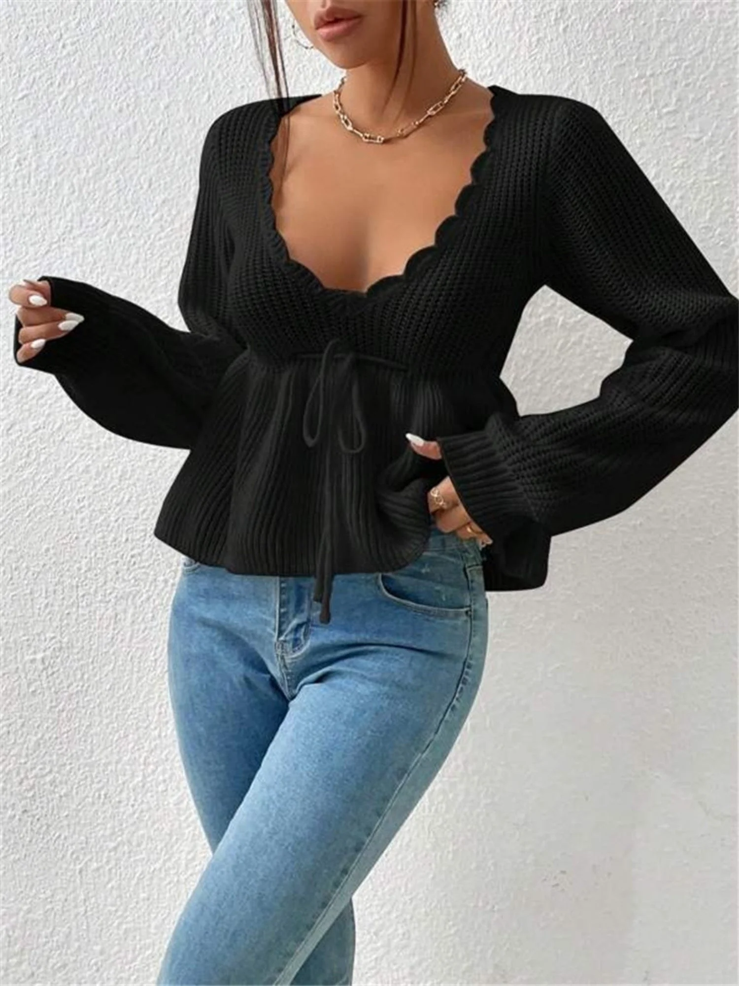 V-neck Drawstring Ruffled Skirt Knitted Pullover Sweater - Image 7