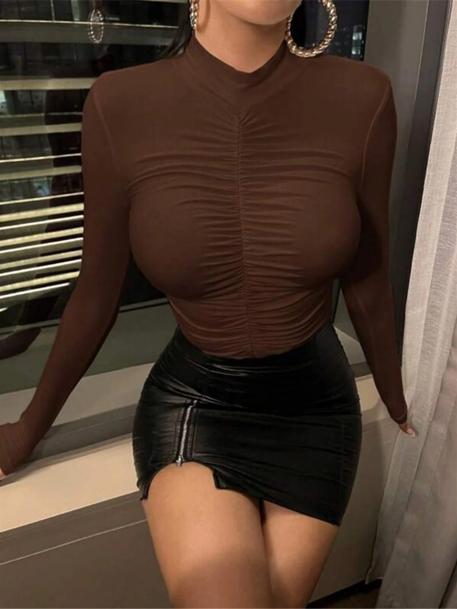 Pleated High Collar Long-sleeved T-shirt - Image 2
