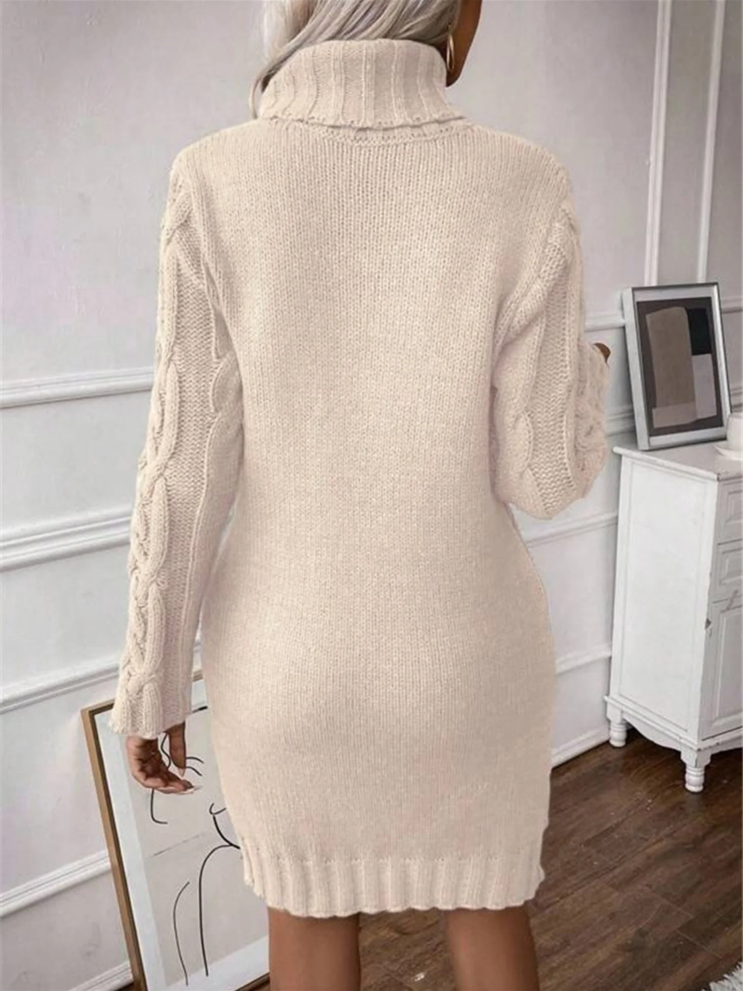Twisted Thread Turtleneck Knitted Sweaters Midi Dresses - Image 2