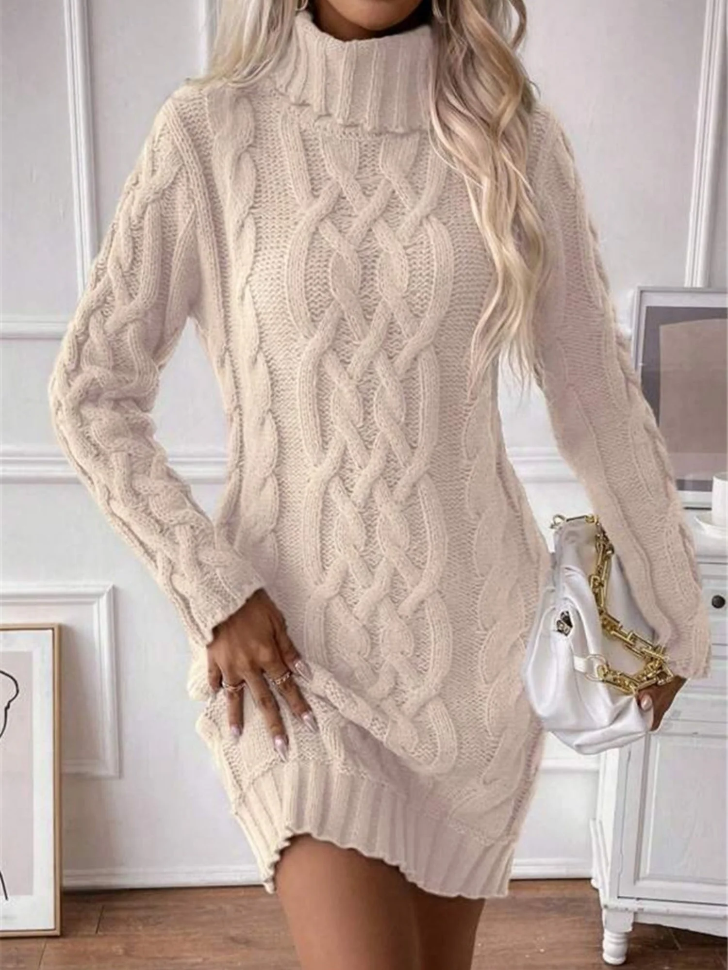 Twisted Thread Turtleneck Knitted Sweaters Midi Dresses - Image 3